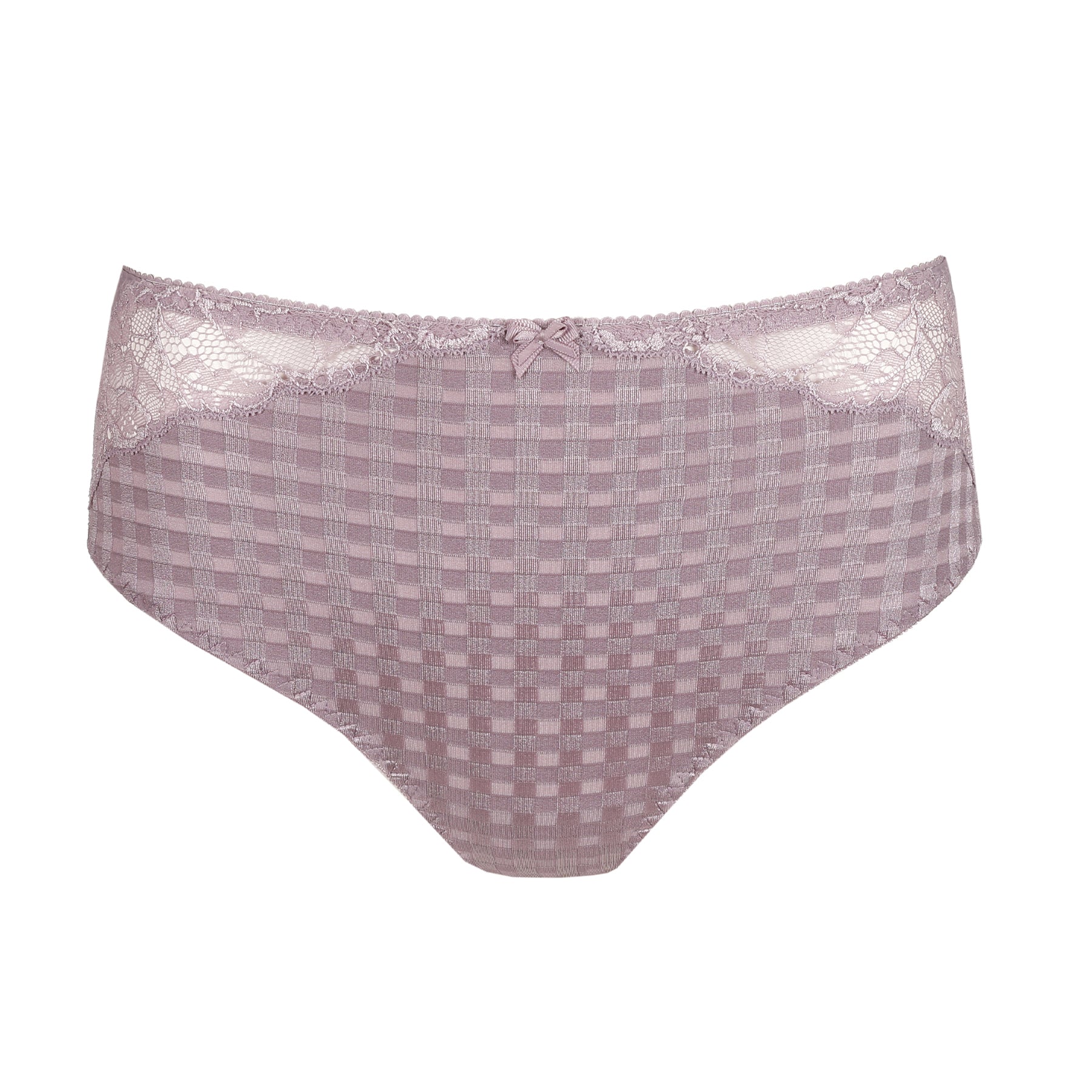 Front view of a mauve underwire bra with matching mid-rise brief worn by a model, showcasing the coordinated set and supportive fit.