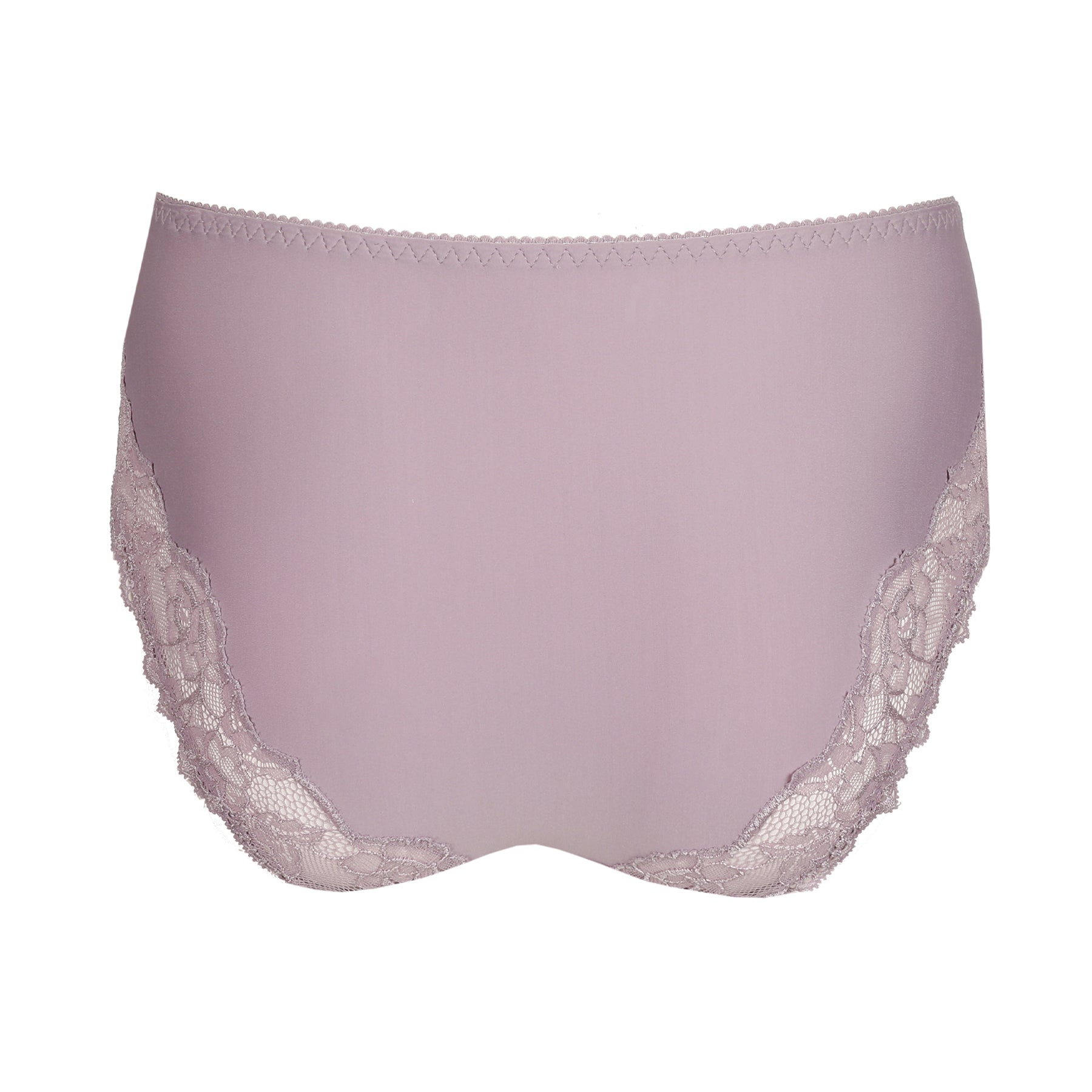 Back view of a mauve mid-rise brief laid flat, featuring smooth fabric with delicate lace side panels.