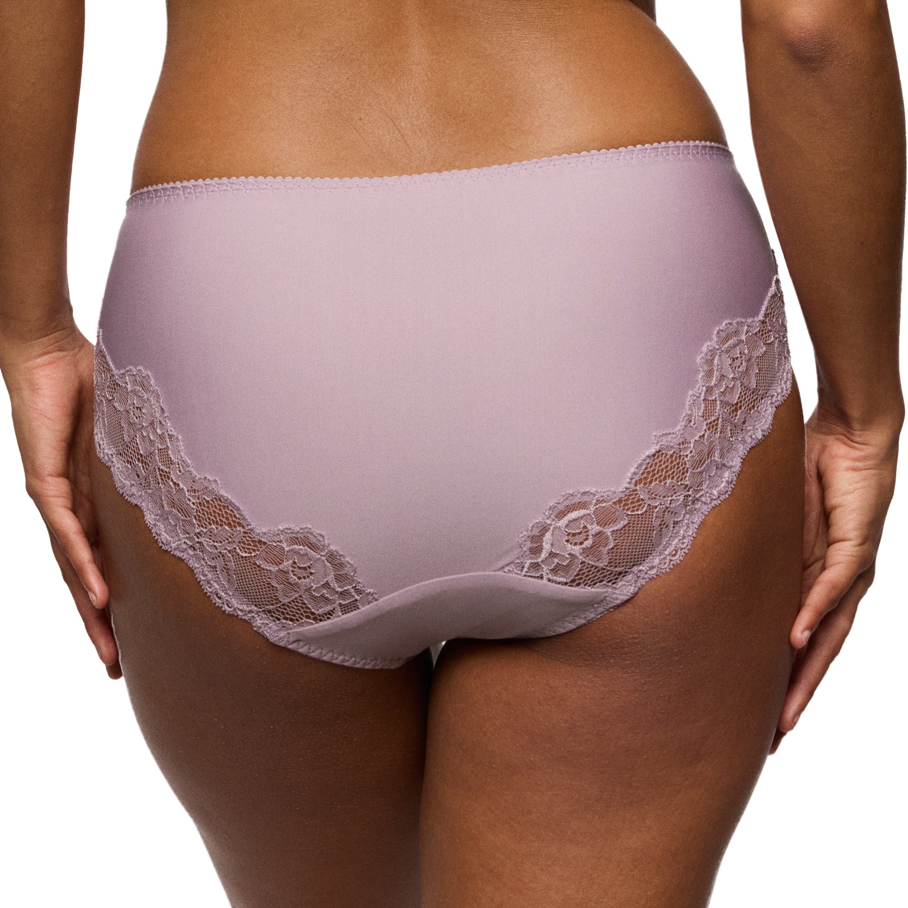 Back view of a mauve mid-rise brief worn by a model, featuring smooth coverage with lace detailing at the sides.