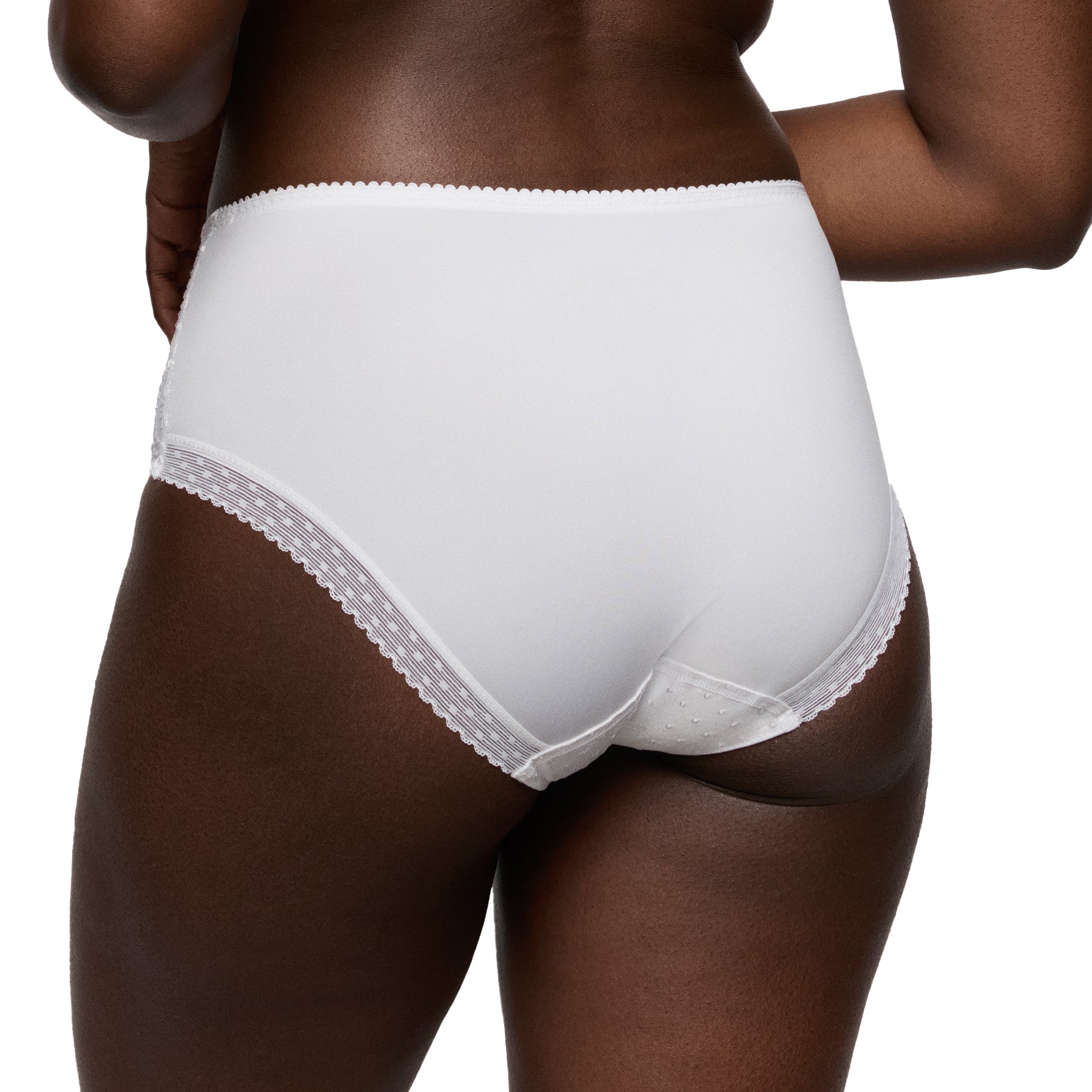 Back view of white full coverage brief style 056-3311 featuring smooth stretch fabric and delicate scalloped trim.