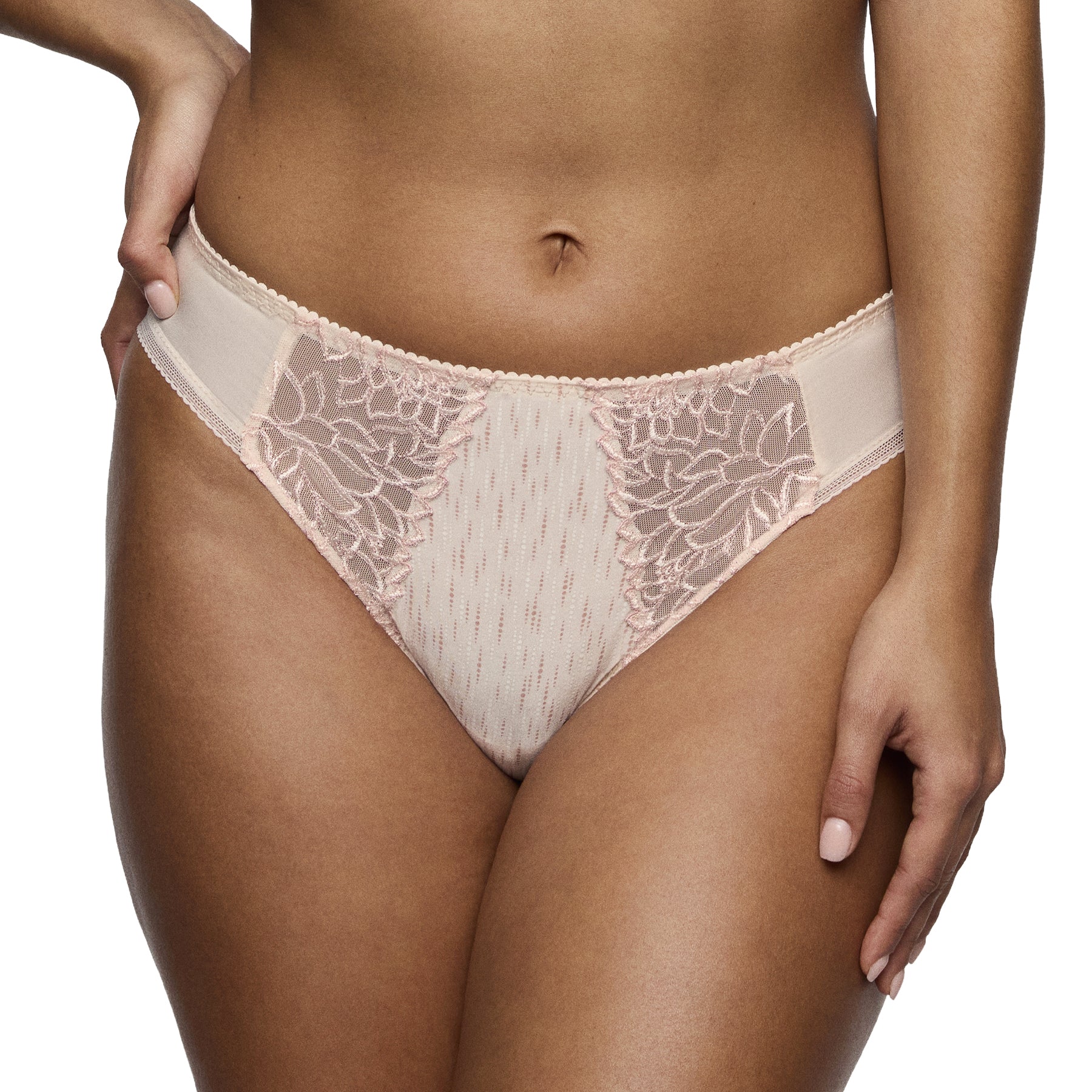Close-up of the PrimaDonna Monterrey Rio Brief in Venus highlighting floral lace inserts, shimmering striped fabric, soft microfiber, and an elegant feminine design.