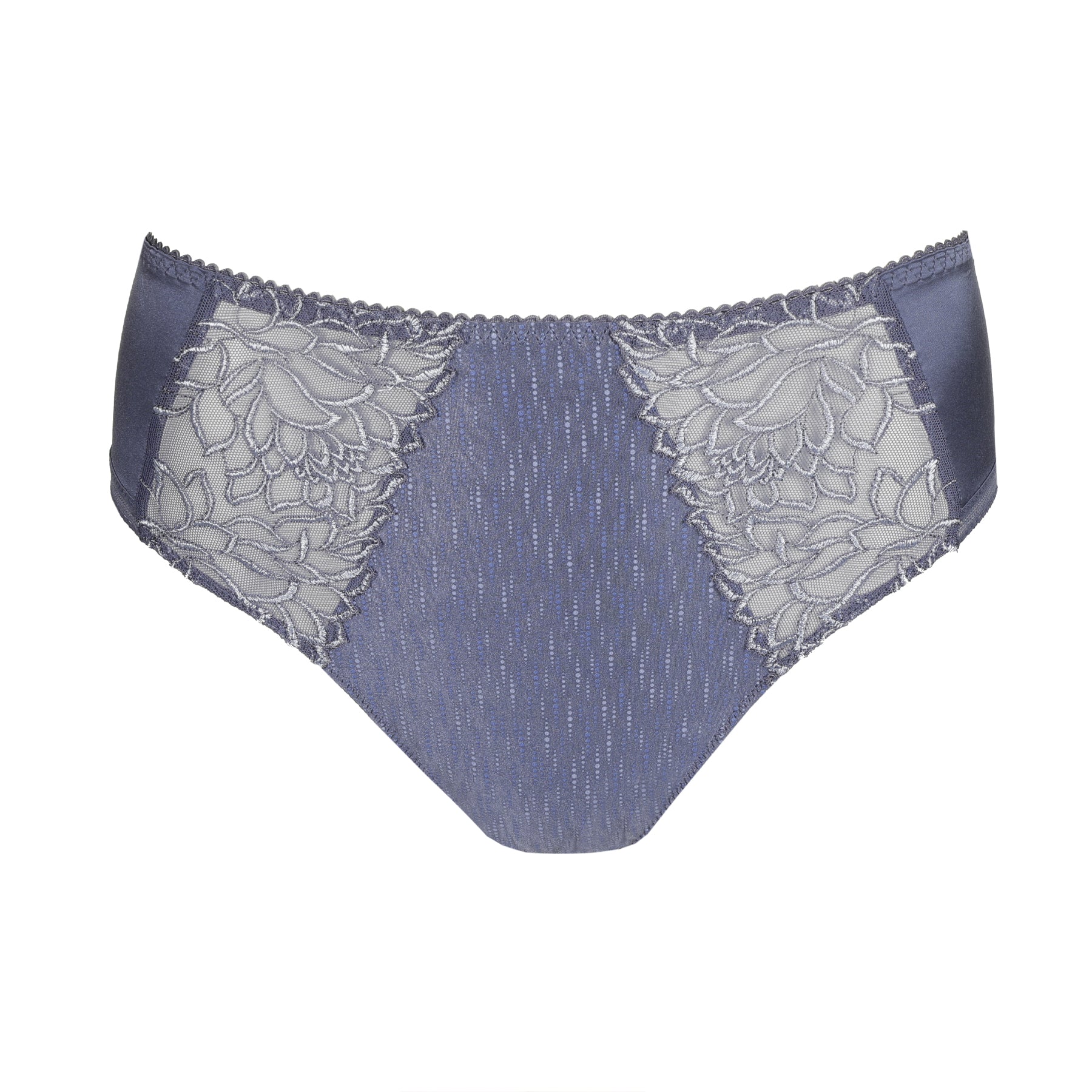 Flat lay of high-waist briefs in nightshadow blue with floral lace panels and subtle vertical stripe detailing on the front.