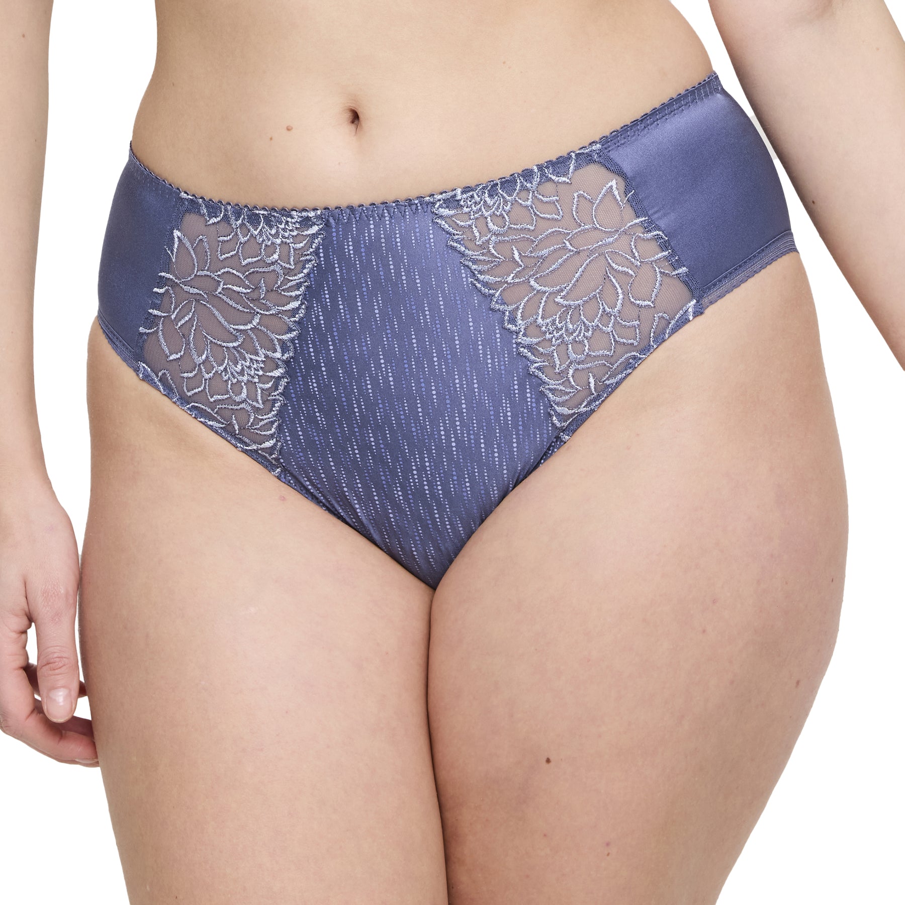 Close-up front view of high-waist panties in nightshadow blue featuring sheer floral lace panels and soft stretch fabric.