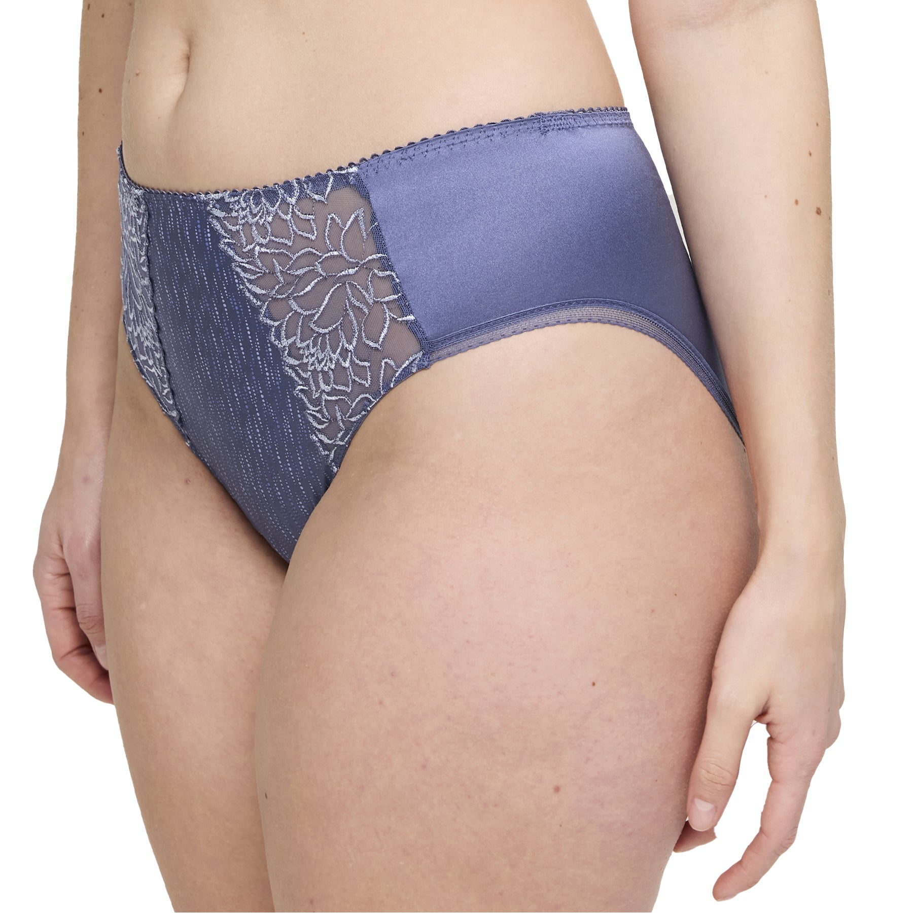 Side angle view of high-waist lace briefs in nightshadow blue showing satin sides and embroidered mesh details.
