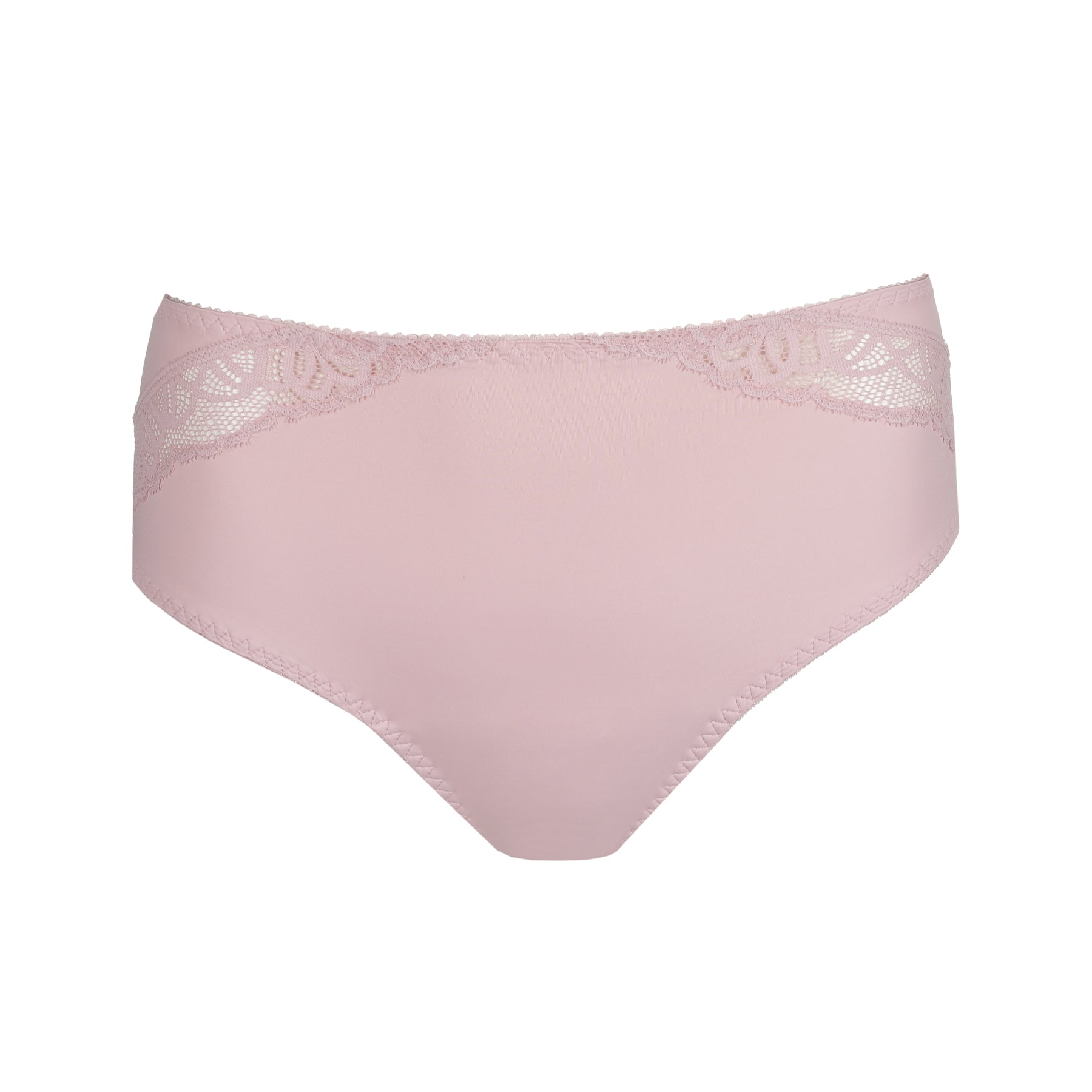 Front view of blush pink high-waisted brief featuring smooth fabric and delicate lace trim at the hips.