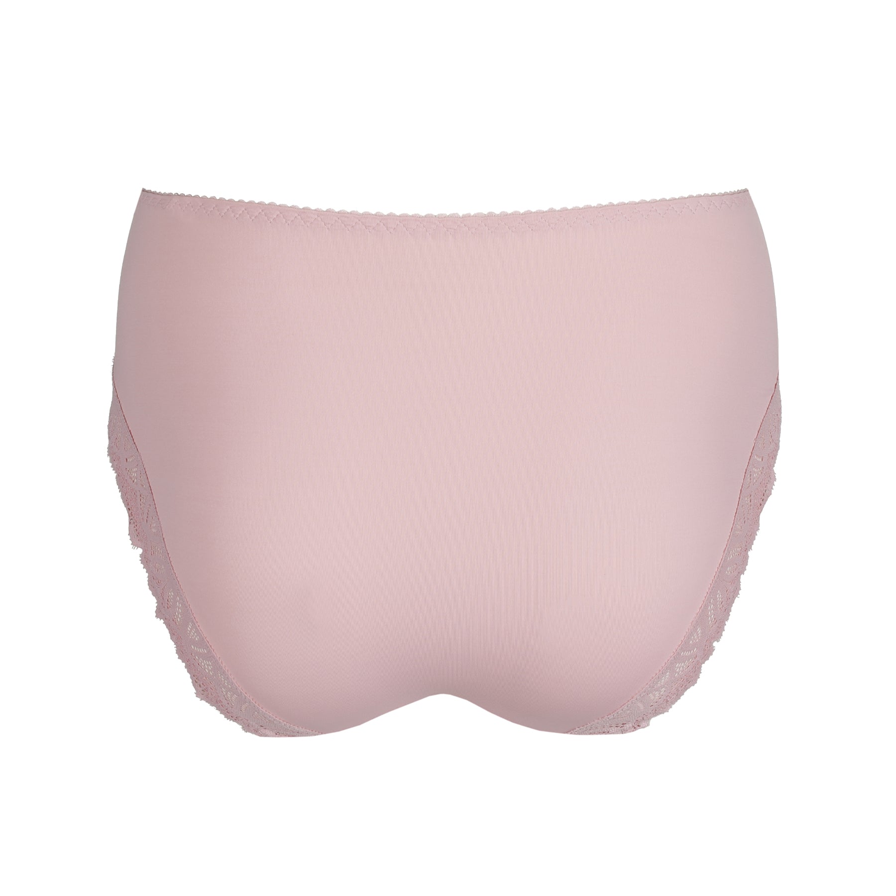 Back view of blush pink high-waisted brief with seamless finish and soft lace edging.