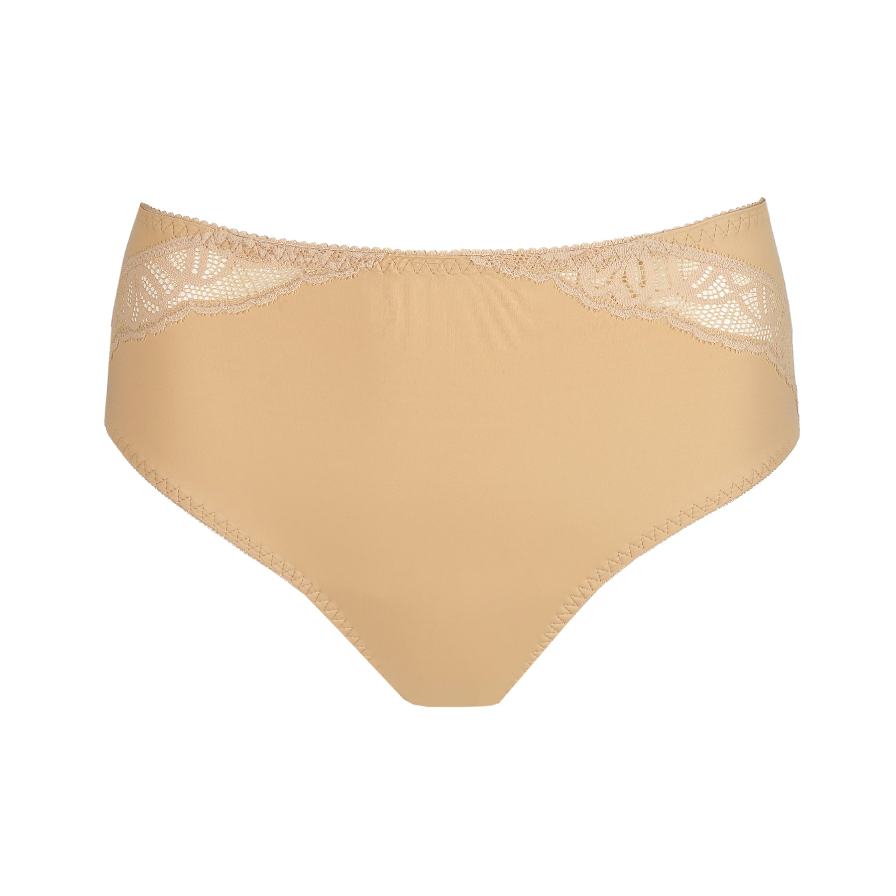 Nude full brief underwear with smooth front panel and delicate lace trim along the waistband