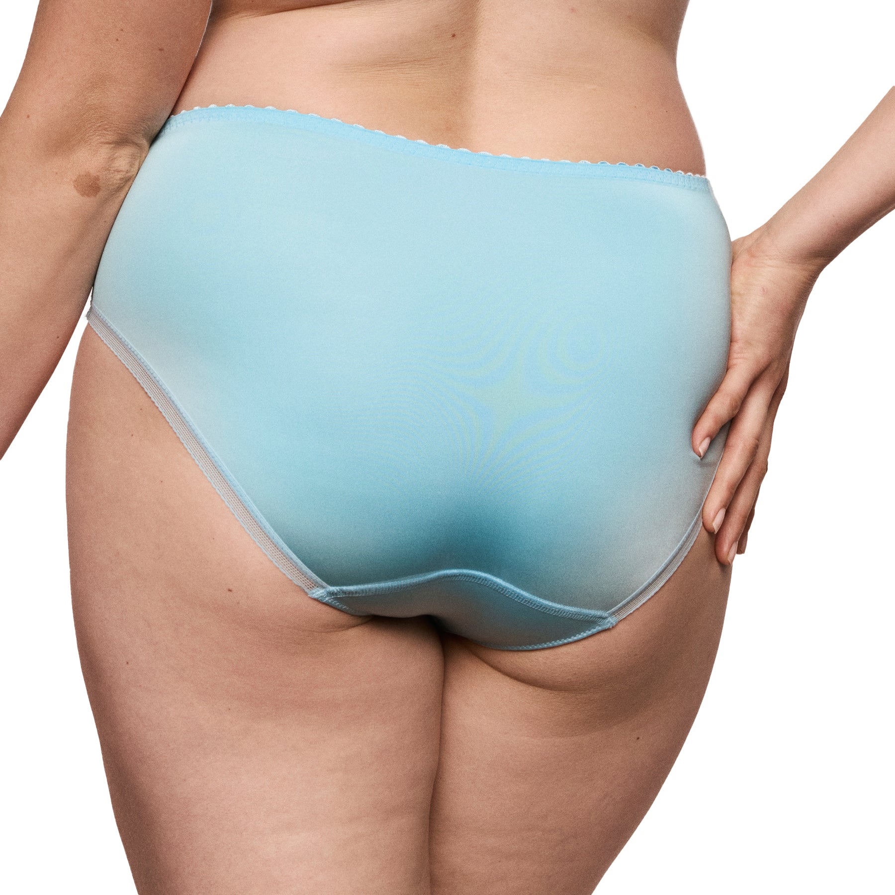 Back view of light blue full coverage brief with smooth fabric and seamless finish