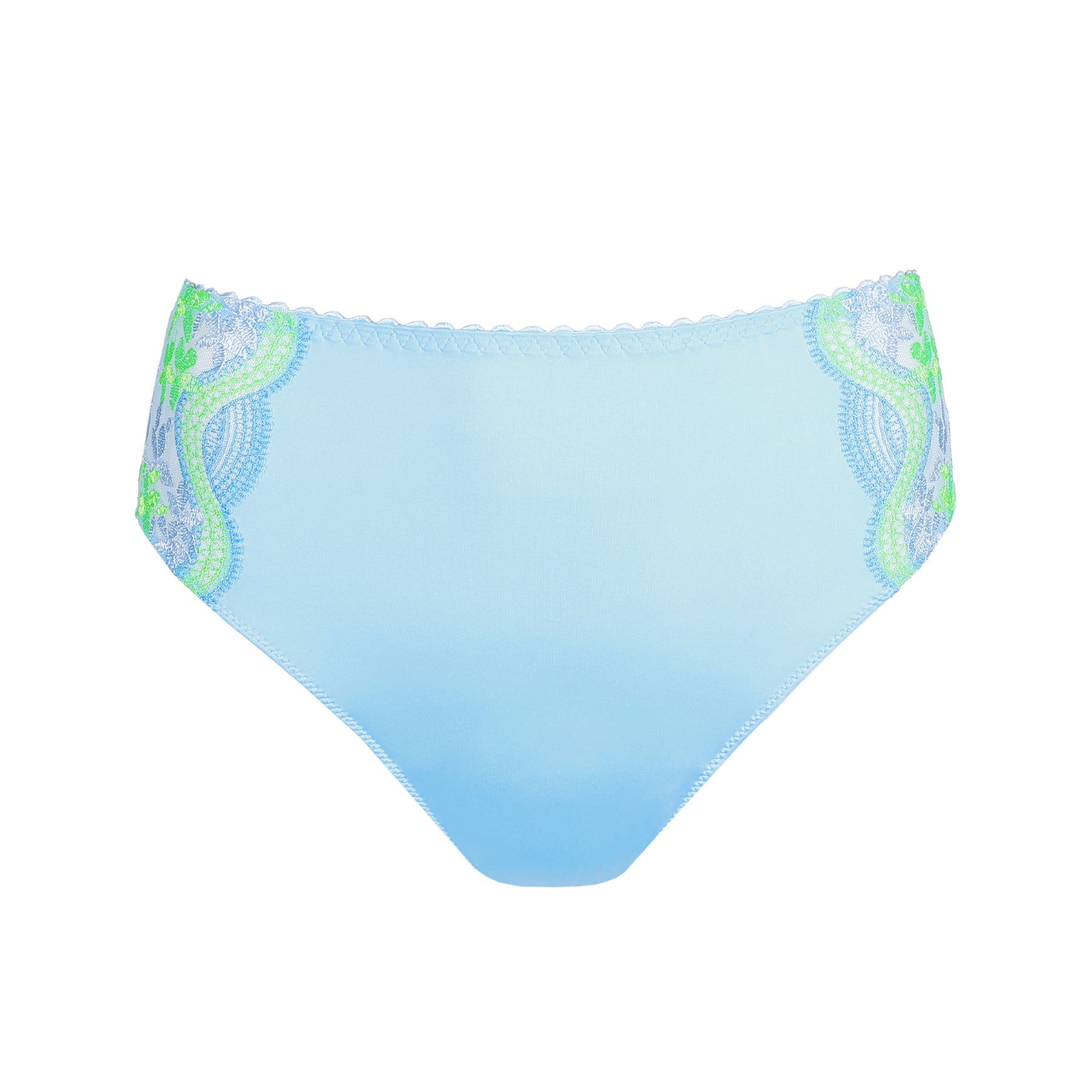 Light blue high-waist brief with embroidered side panels, flat lay front view