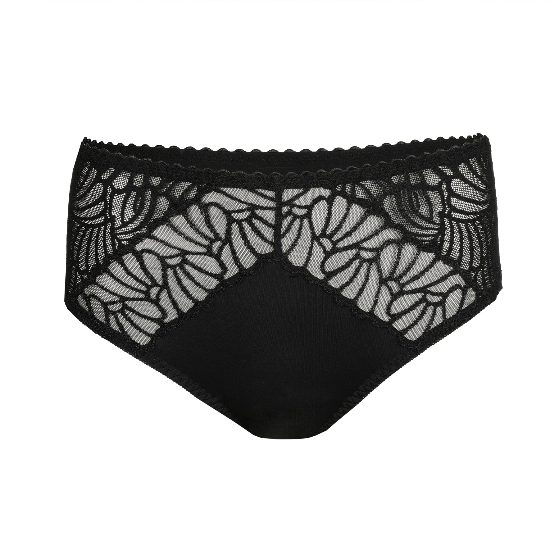 Black panties with floral lace details, sheer panels, and scalloped edges for an elegant and refined look.