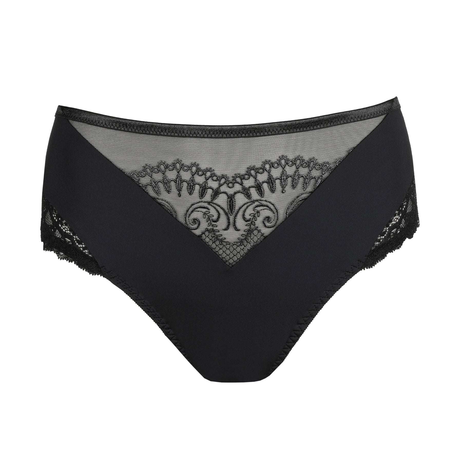 Close-up of black lace full cup bra with sheer lace embroidery on model.