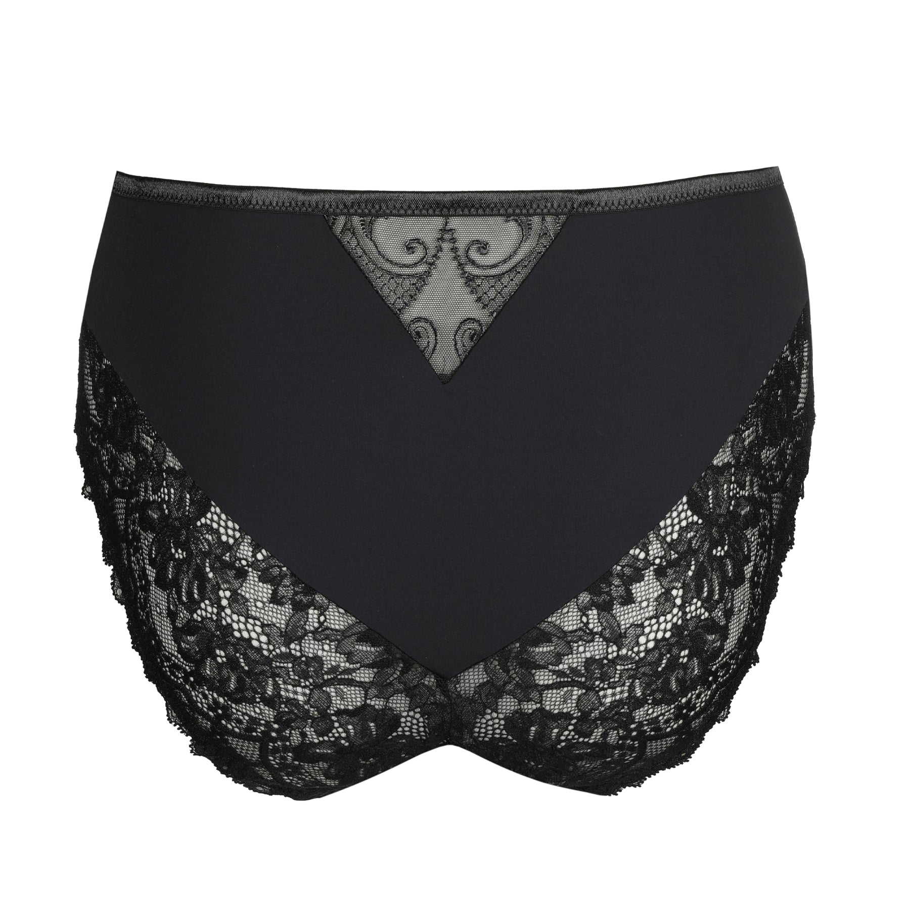 Side view of black lace full cup bra with embroidered lace detail on model.
