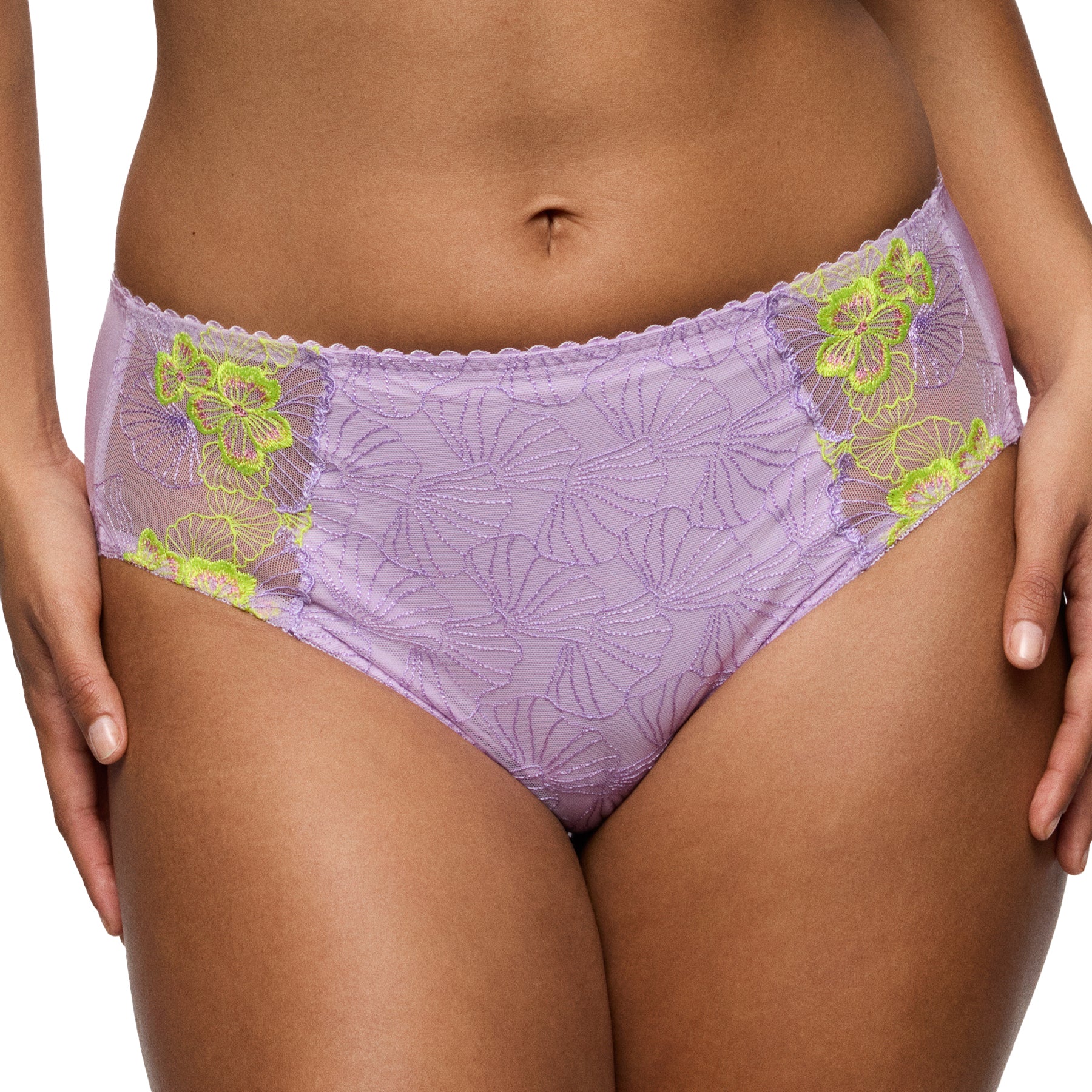 Front close-up of lavender lace brief with intricate floral embroidery and neon yellow accents on soft sheer fabric.