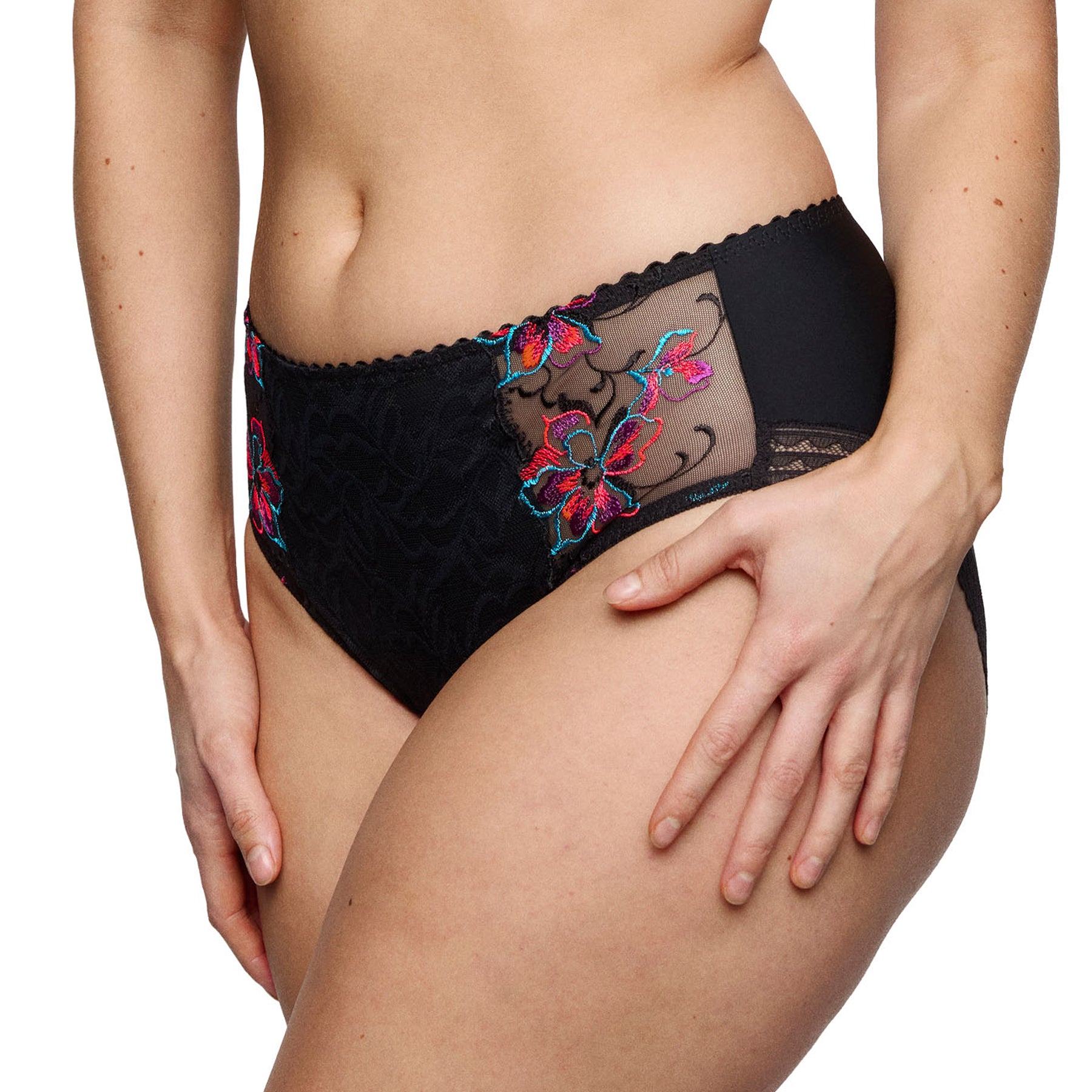 Side view of PrimaDonna Miyara Full Brief in Floral Eclipse featuring black lace and colourful floral embroidery.
