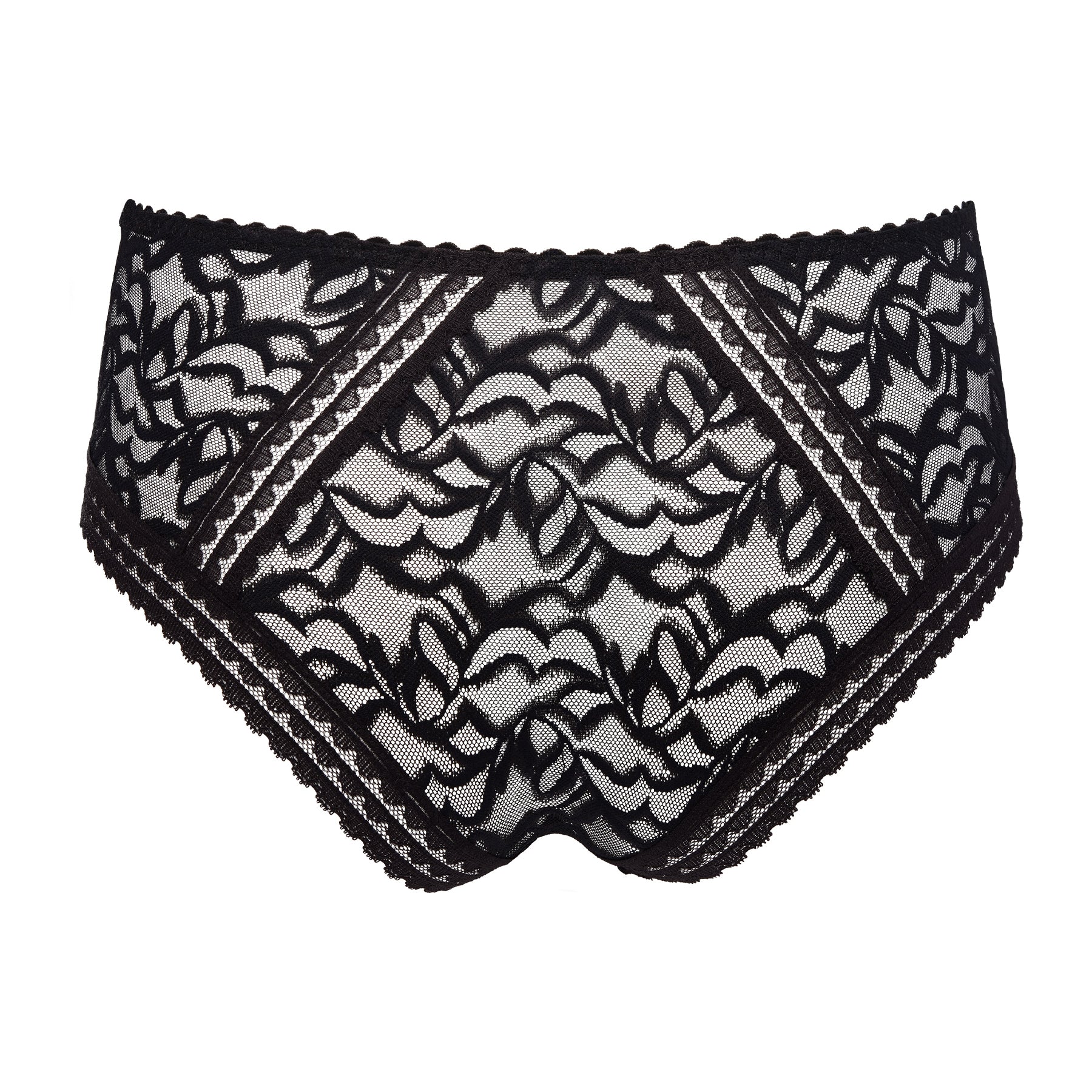 Back product view of PrimaDonna Miyara black lace brief with sheer floral lace and decorative seam detailing.
