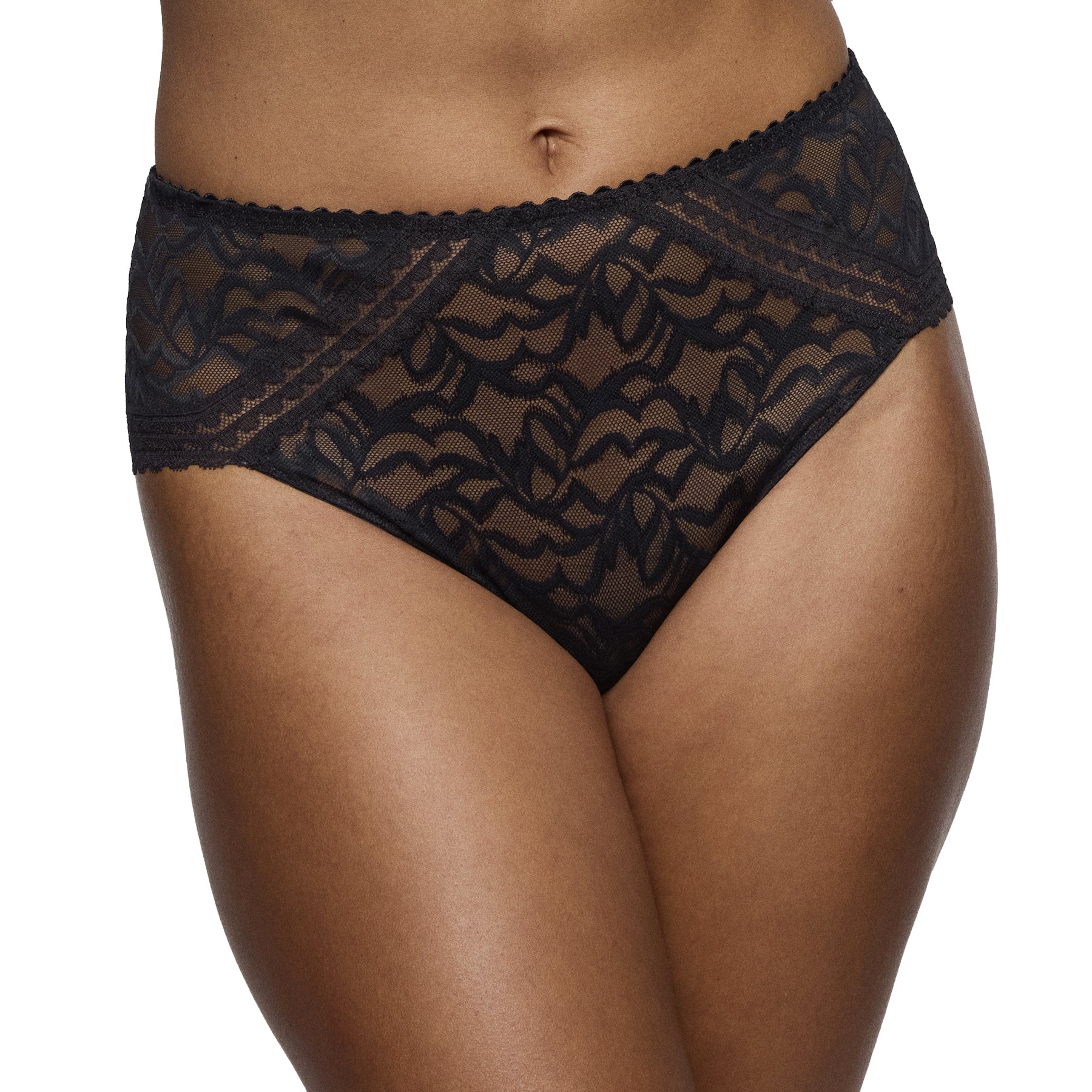 Front view of model wearing PrimaDonna Miyara black lace brief with sheer floral pattern and flattering mid-rise fit.
