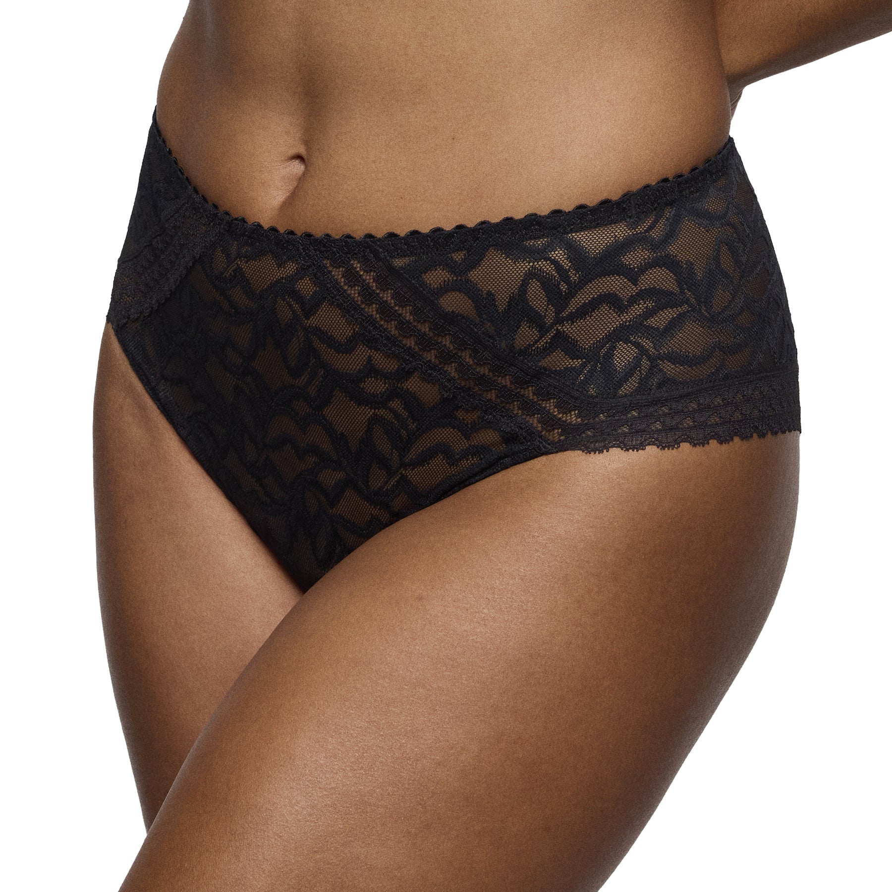 Angled front view of PrimaDonna Miyara black lace brief featuring sheer floral lace and delicate geometric trim.