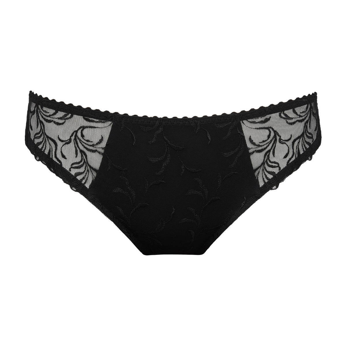 PrimaDonna Solisse Rio Brief in black featuring floral embroidered mesh side panels and a feminine low-rise fit.