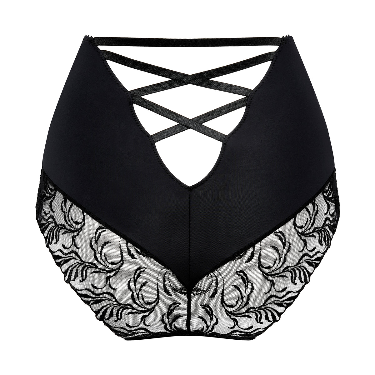 Back view of PrimaDonna Solisse High Waist Brief in black with criss-cross strap detailing and sheer embroidered lower panels.