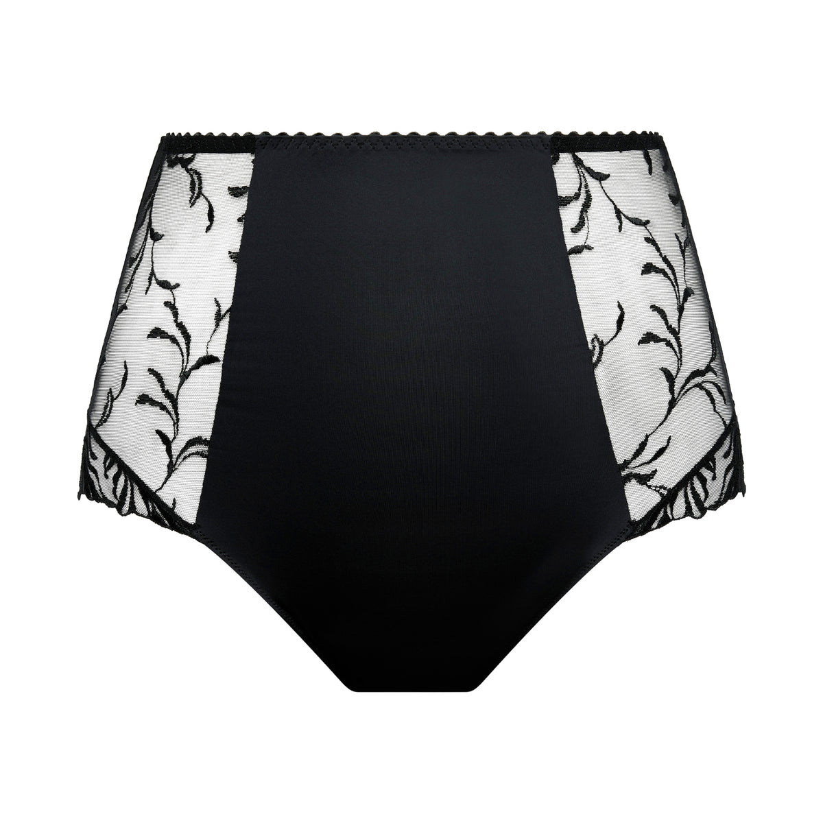 PrimaDonna Solisse High Waist Brief in black with a high-rise silhouette, smooth front panel and sheer floral embroidered sides.