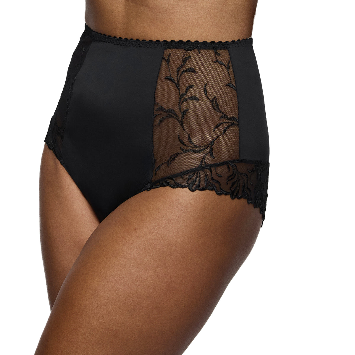Side view of PrimaDonna Solisse High Waist Brief in black with smooth fabric and sheer floral embroidery along the hip.