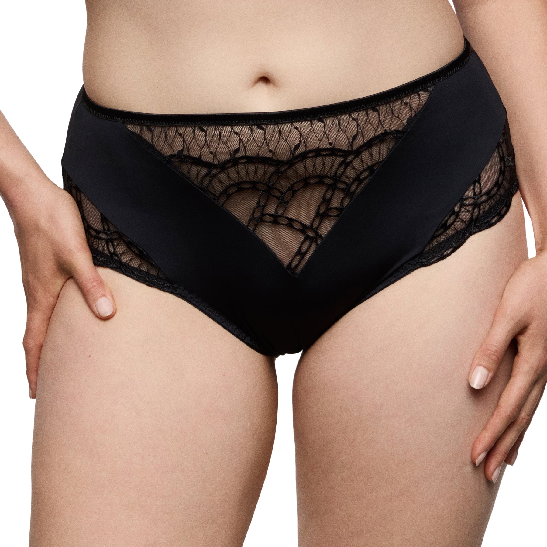 PrimaDonna black full brief with sheer lace panels and smooth front for a flattering fit, front view on model