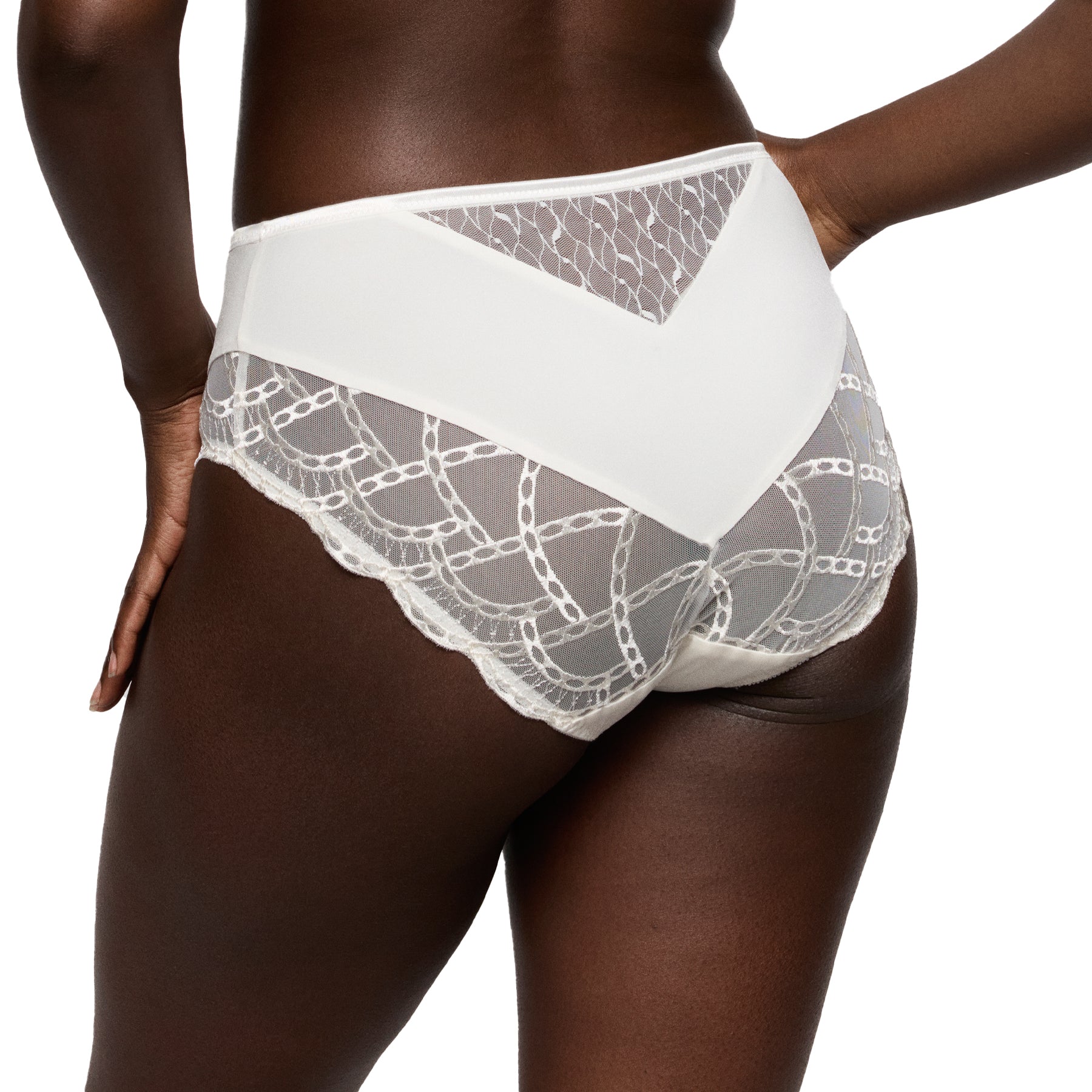 Back view of ivory high-waist brief with sheer lace back panels and smooth waistband for comfortable coverage.