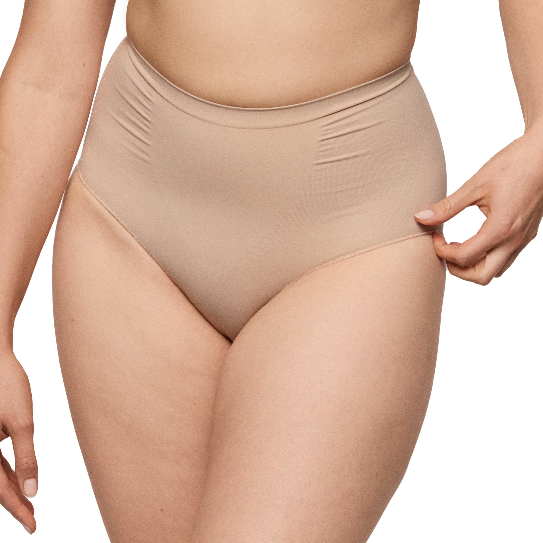 Front view of nude high-waisted seamless shaping brief with tummy control panel