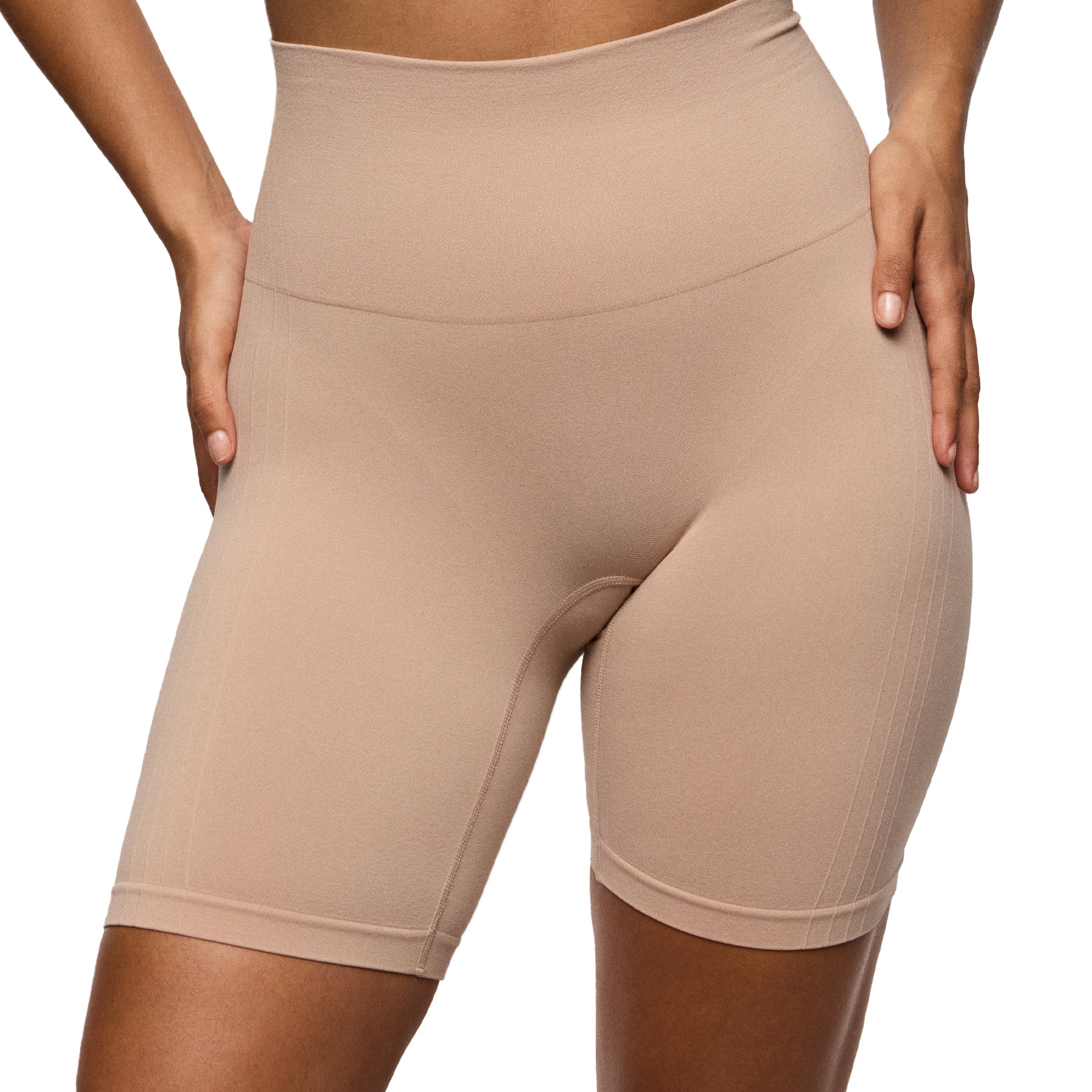 Front view of nude high-rise shaping shorts designed to prevent thigh chafing