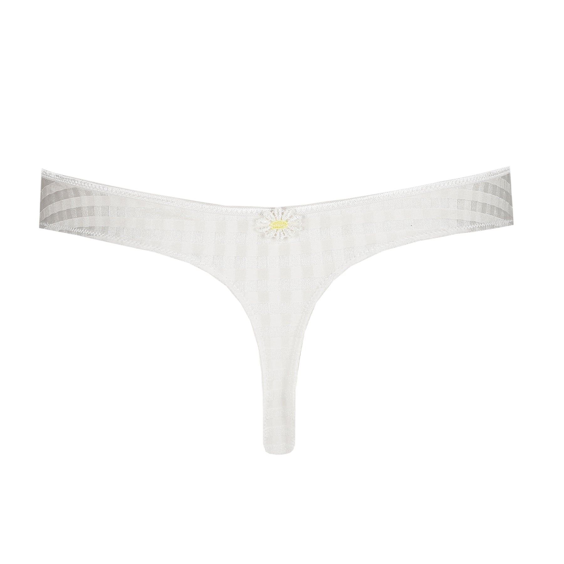 Product-only image of an ivory thong showcasing a check-textured fabric and a small floral detail at the centre back.