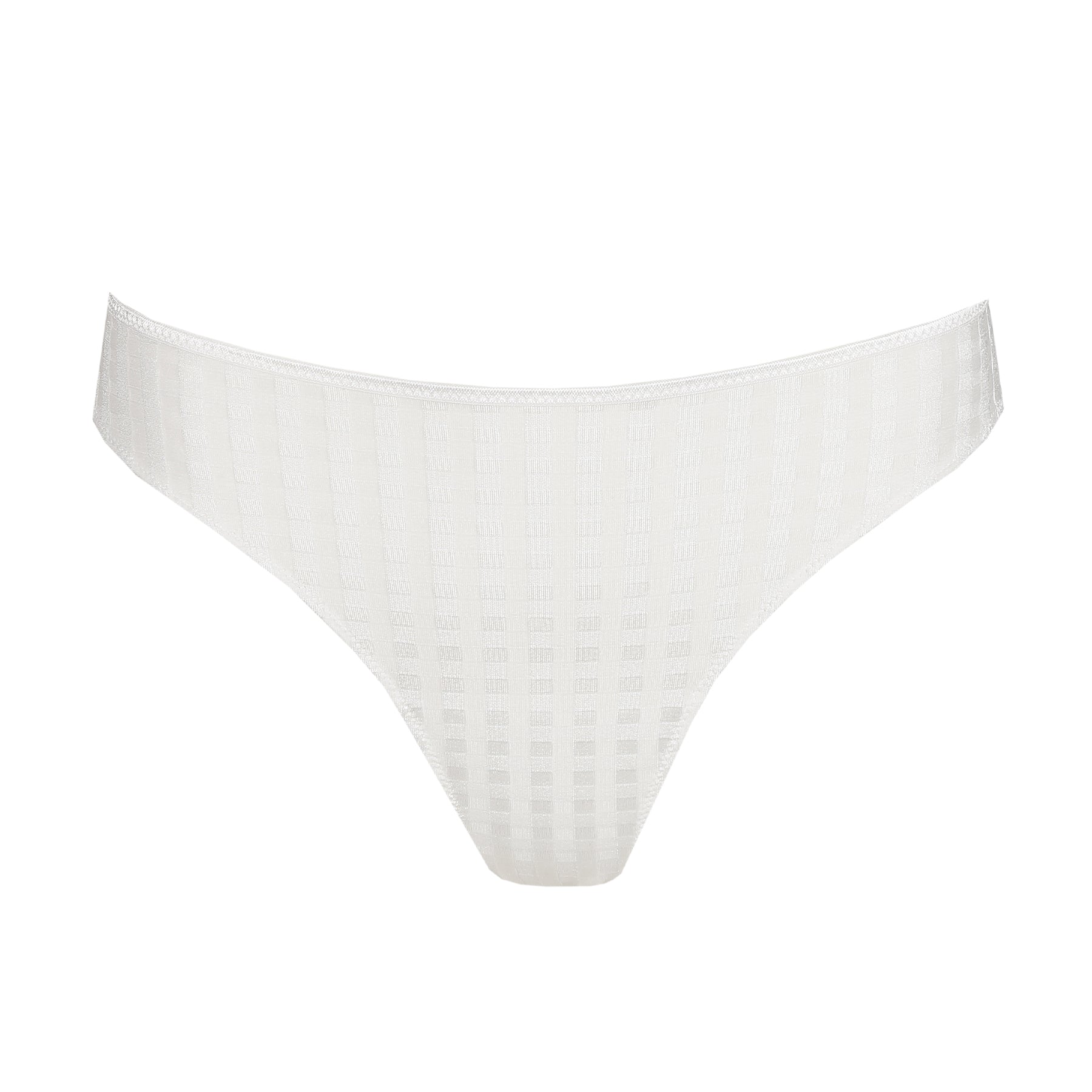 Front view of an ivory thong highlighting the slim silhouette and smooth check-textured fabric.