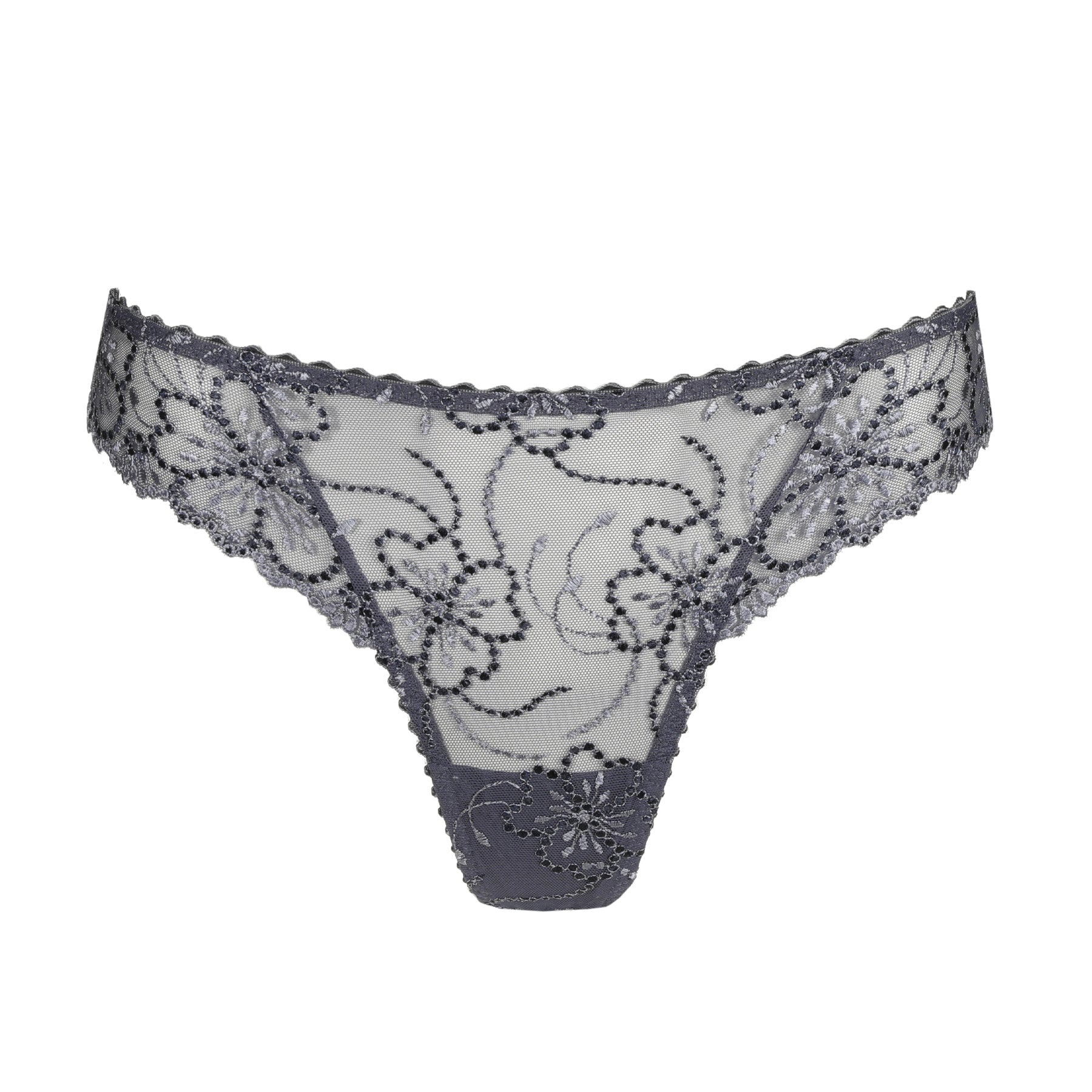 Front view of Blue Shadow lace thong in sheer embroidered mesh.