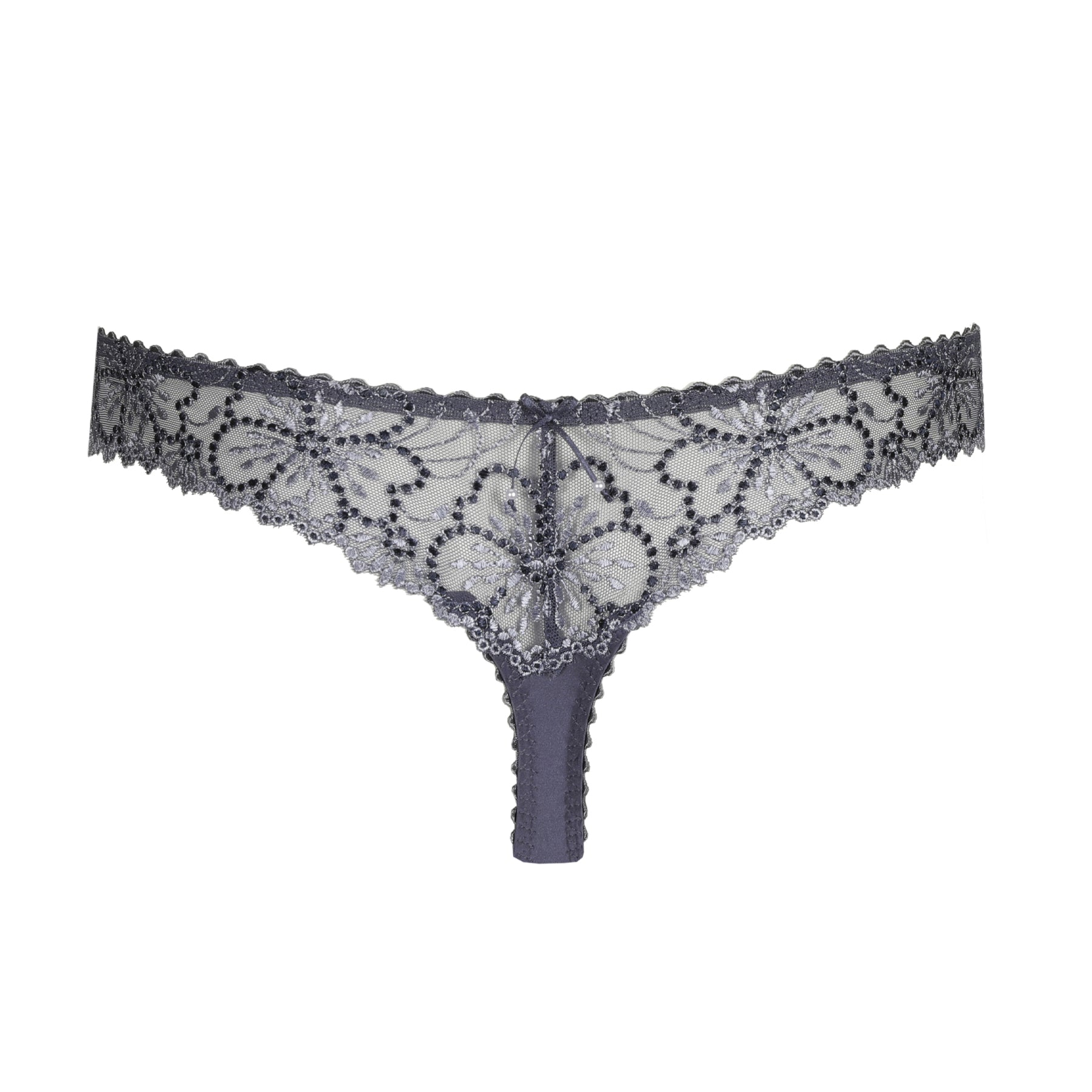 Back view of Blue Shadow lace thong with sheer embroidered floral lace.