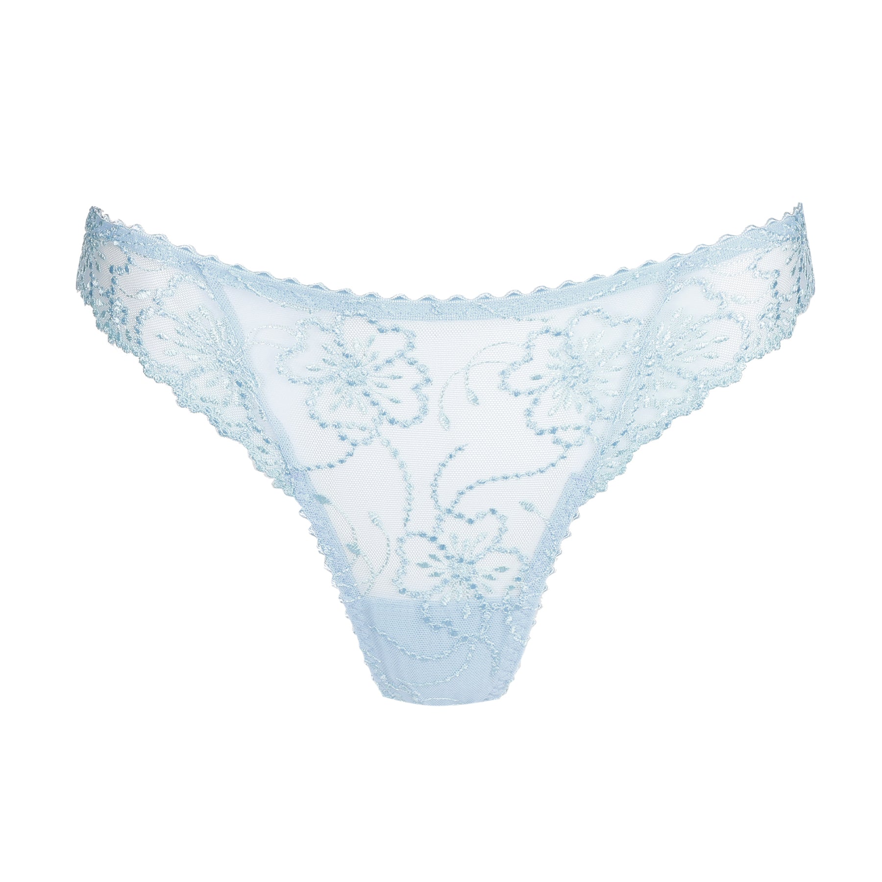 Light blue lace thong flat lay on white background with delicate floral pattern