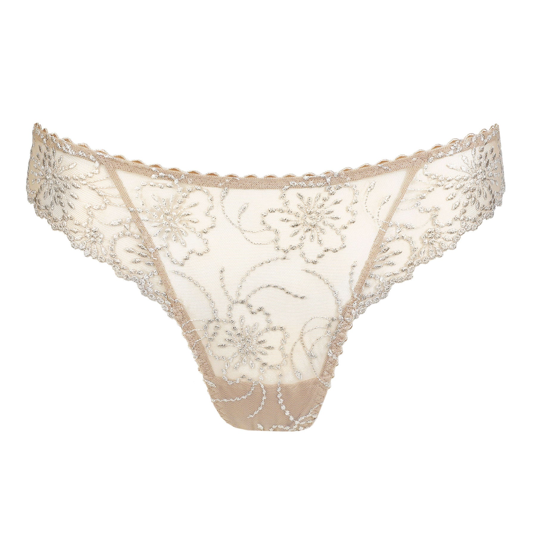 Marie Jo Jane thong in Sand with sheer embroidered lace, elegant floral motifs, and a lightweight, feminine design.