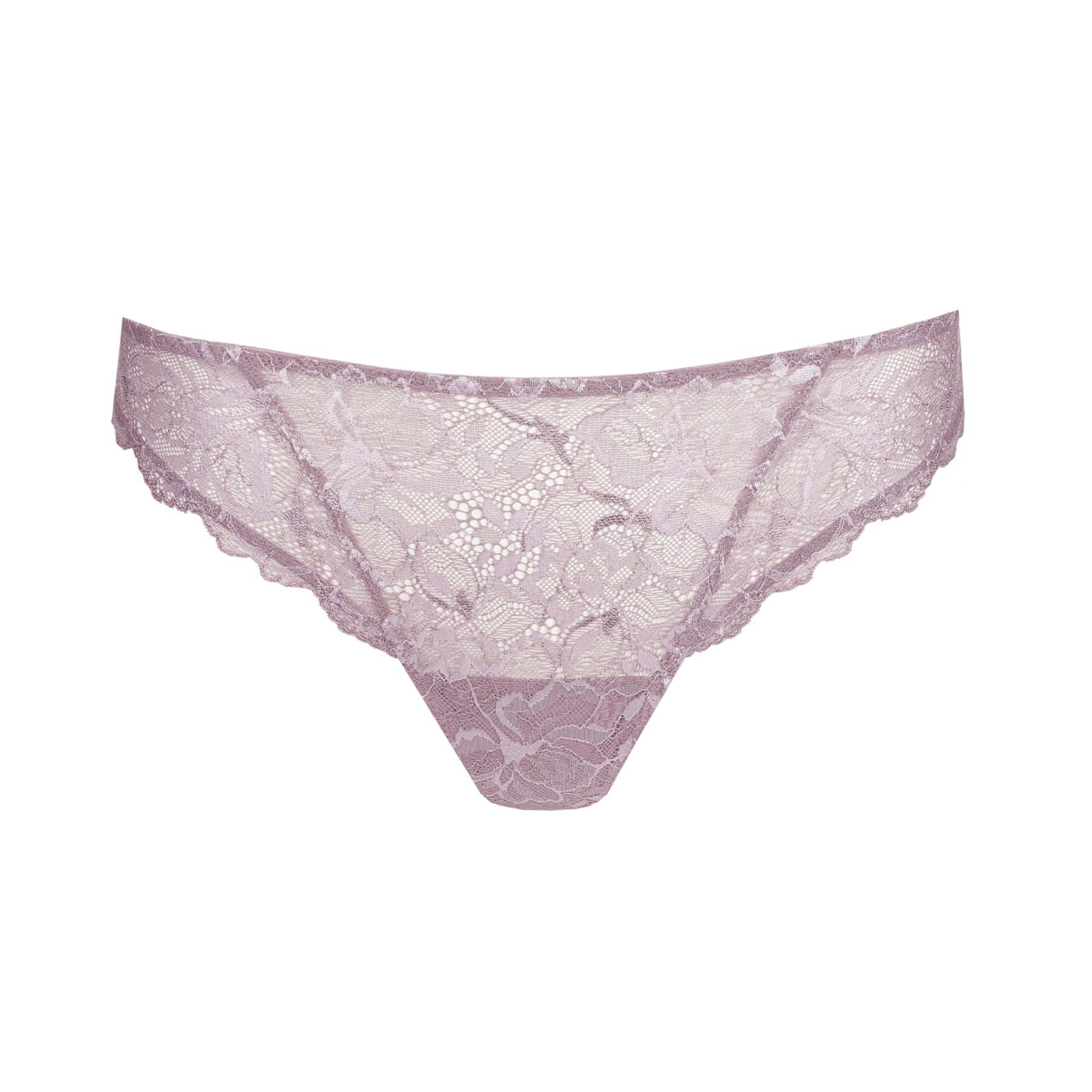 Front view of pastel orchid lace thong with floral embroidery and scalloped edges