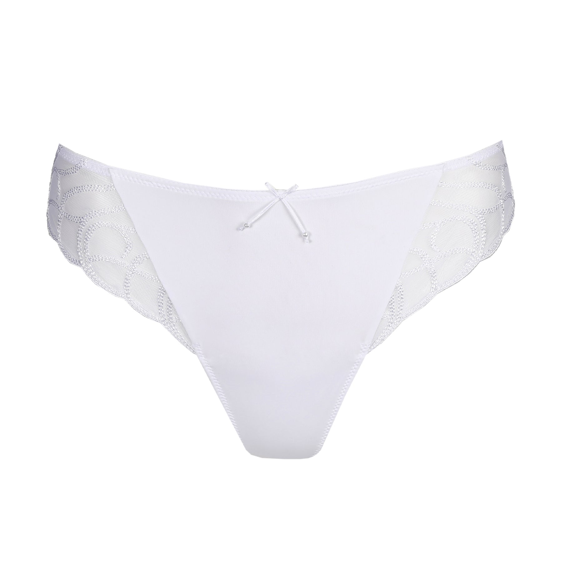 White brief with smooth front panel, scalloped embroidered mesh sides, and small bow detail, flat lay on white background.