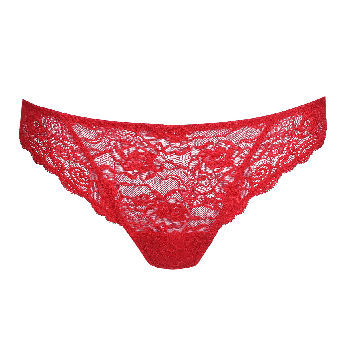 True Red bikini brief crafted in sheer floral lace with delicate scalloped edges, front product view.