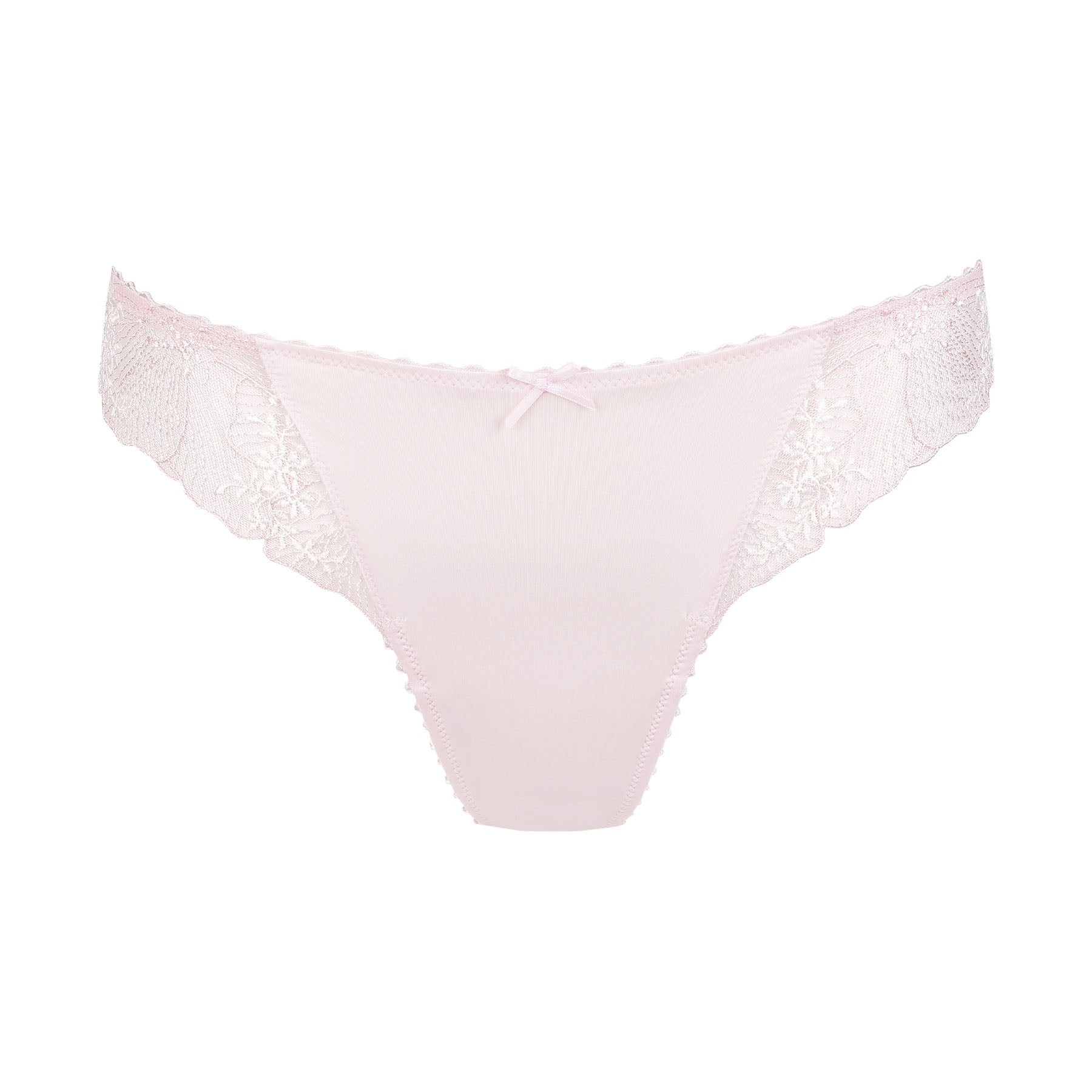 Soft blush pink thong with a smooth microfiber front, floral lace side panels, and a petite satin bow at the waistband.