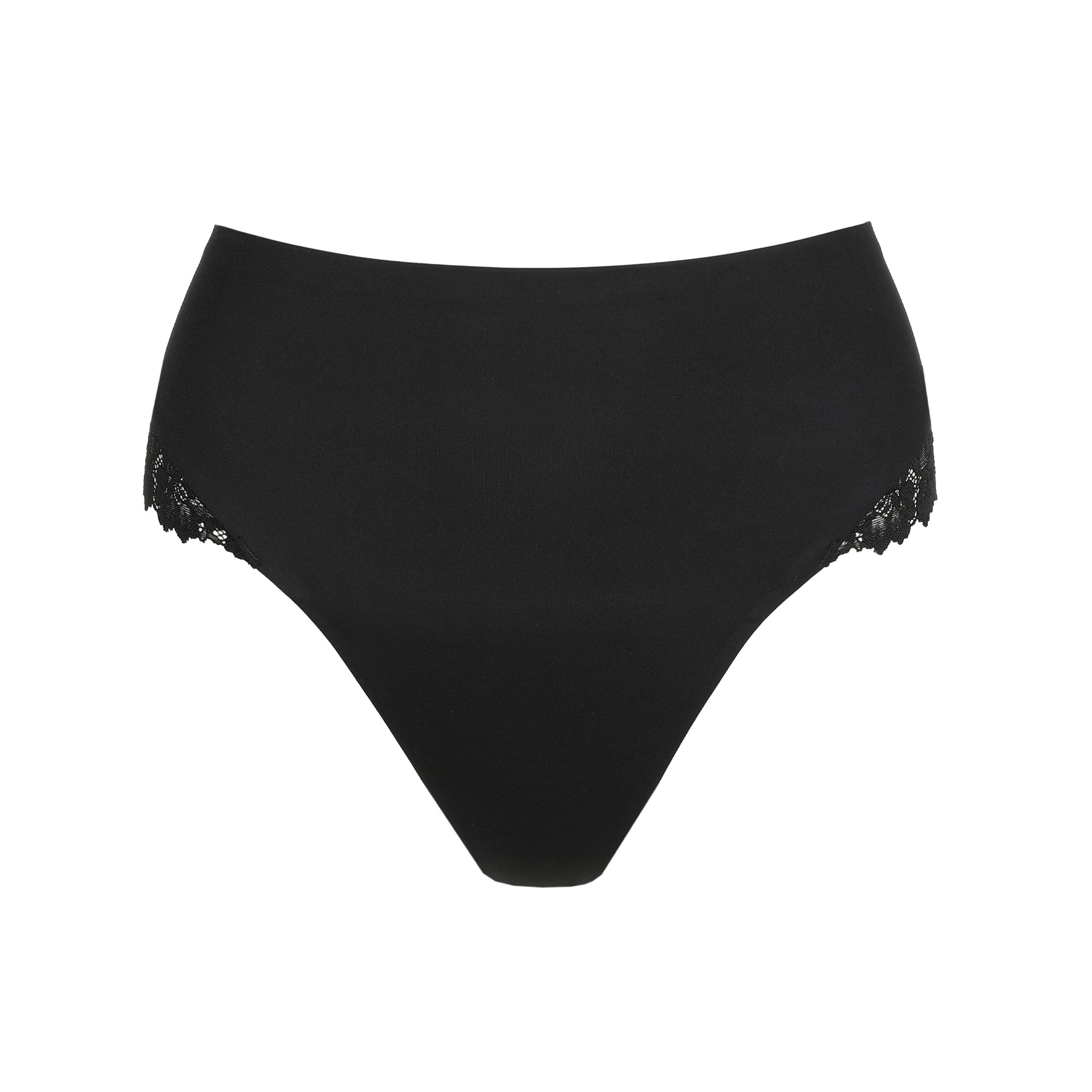 Black thong with smooth seamless front panel and lace side details on white background