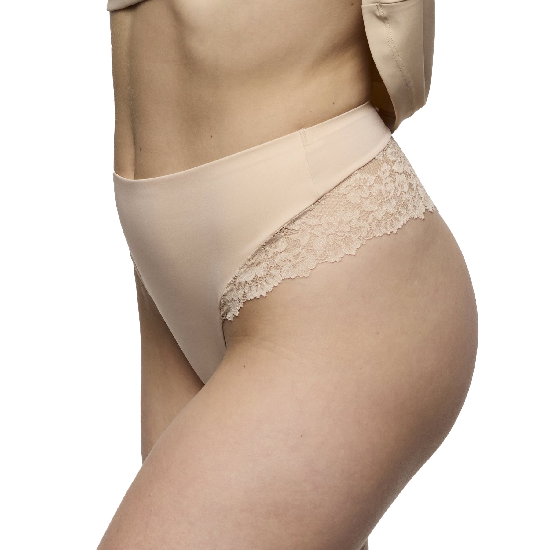 Nude thong with smooth high cut front and delicate floral lace side inserts