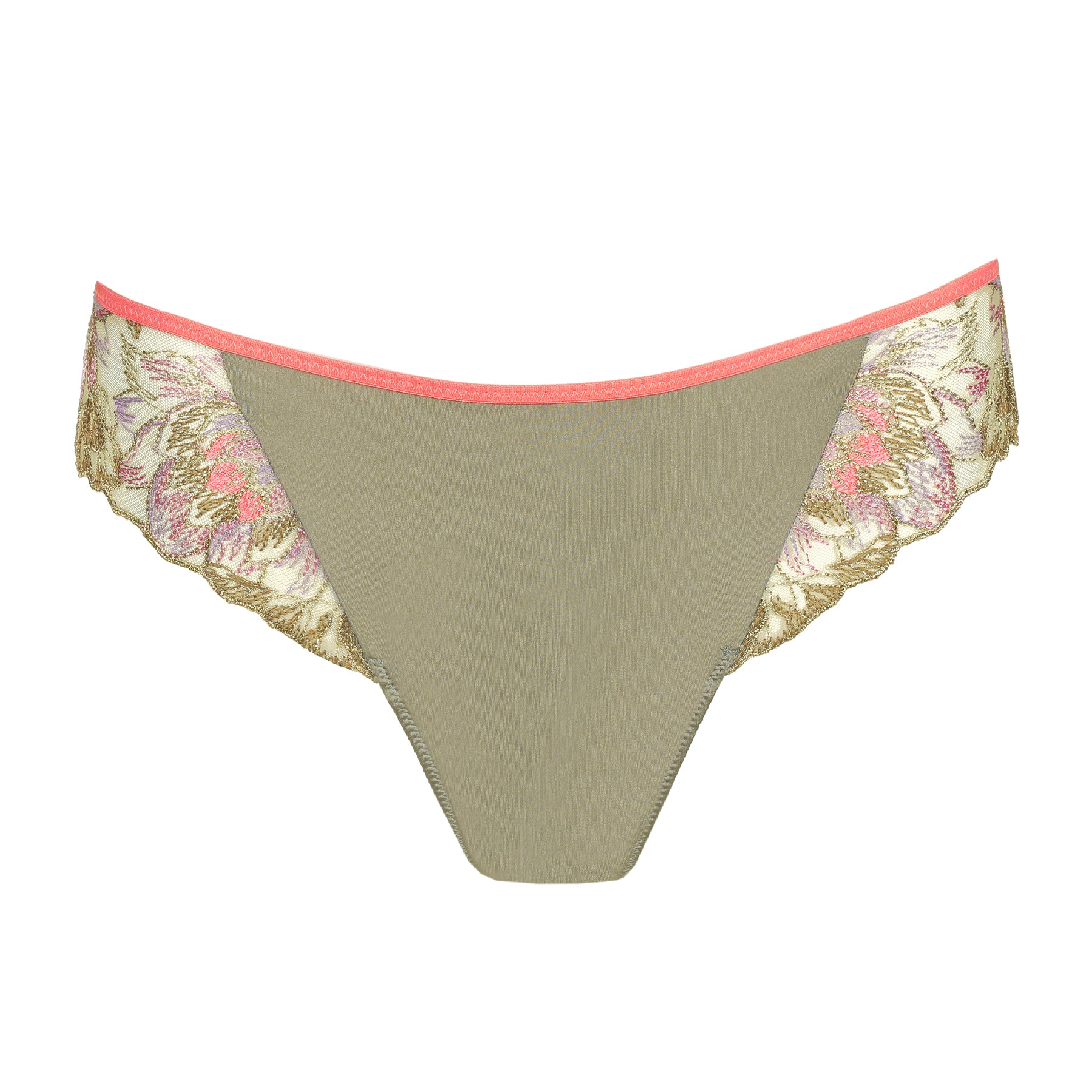 Olive green bikini brief with floral embroidered lace side panels in pink, lavender and coral.