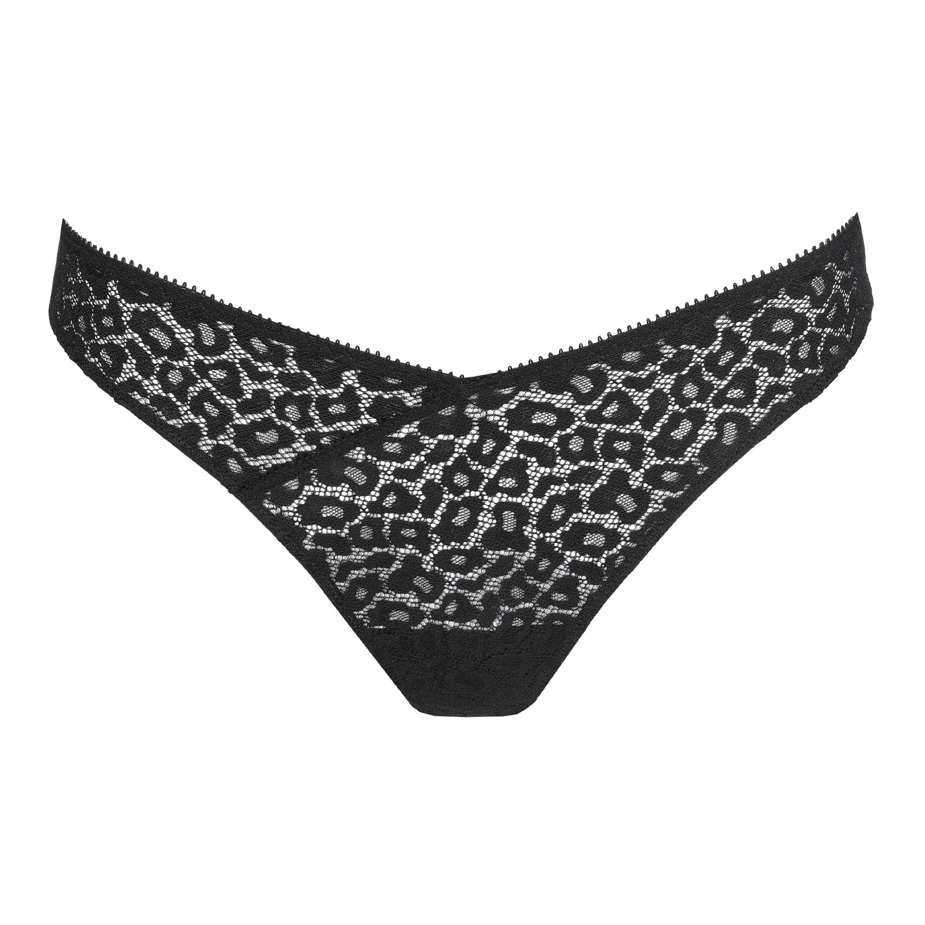Marie Jo black lace thong with all-over geometric lace, low-rise fit, and soft stretch fabric.