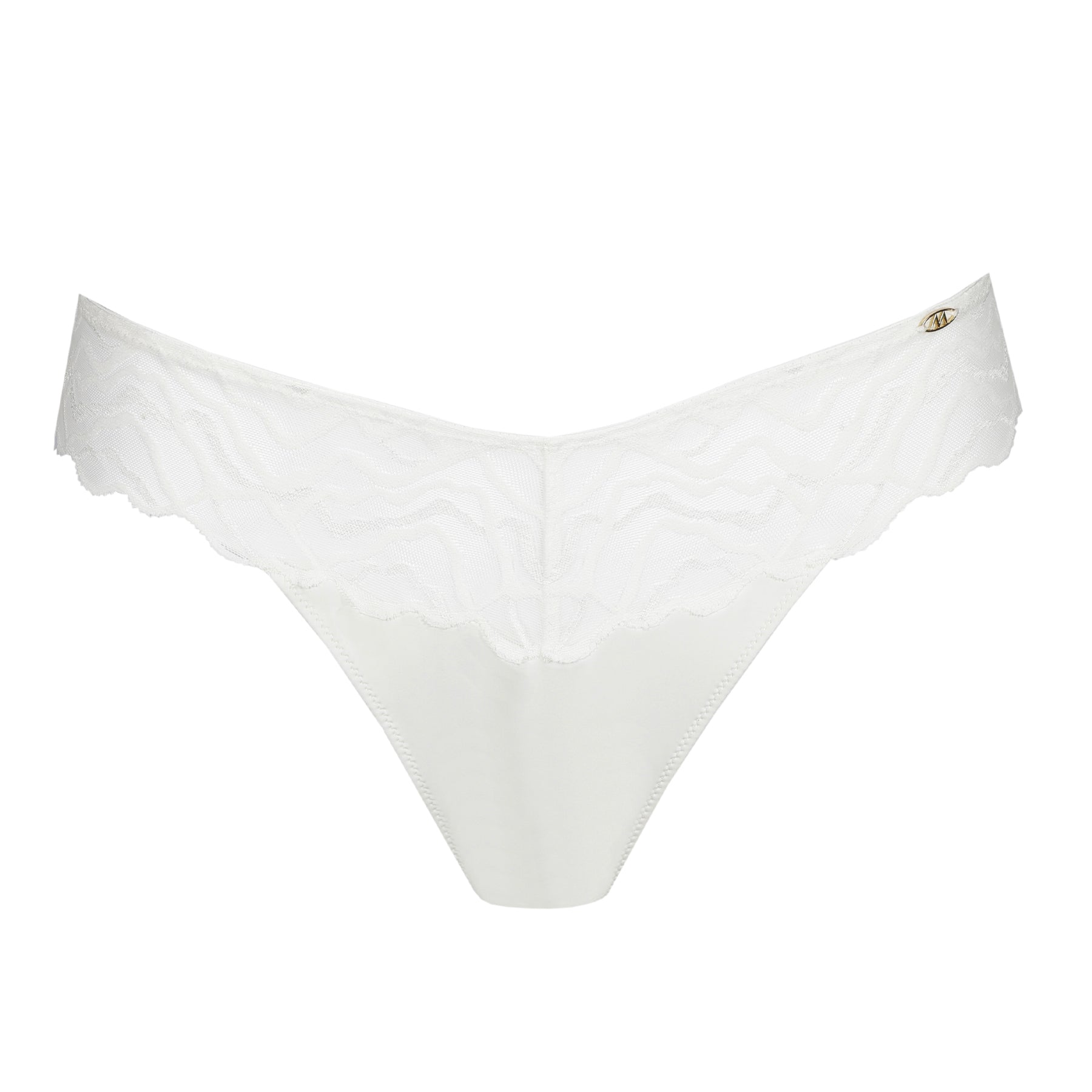 Marie Jo thong in natural white featuring a smooth microfiber front, sheer embroidered lace waistband, scalloped edges, and signature gold logo detail.