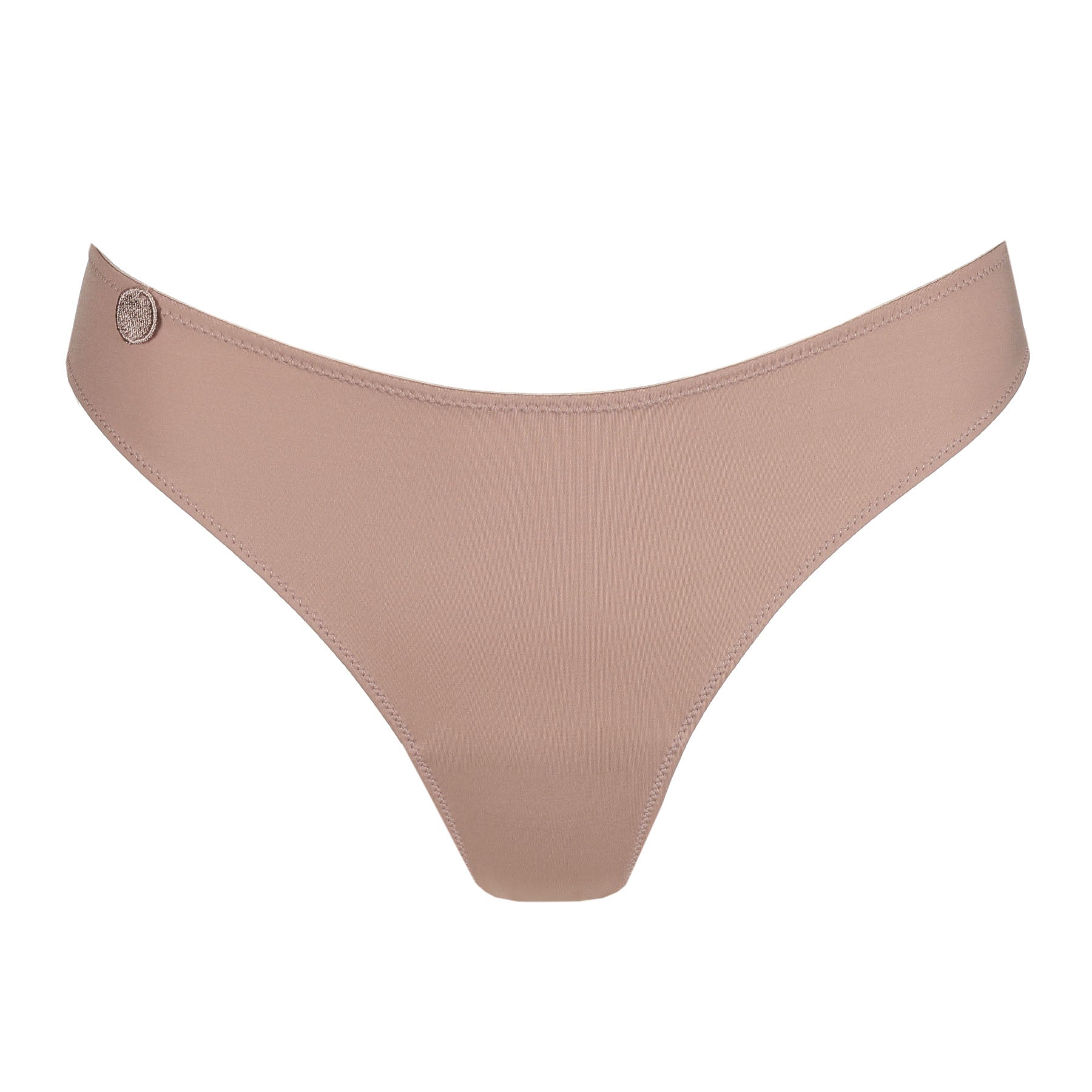 Smooth cosmetic nude thong front view with lightweight fabric, low-rise fit, and subtle decorative charm.