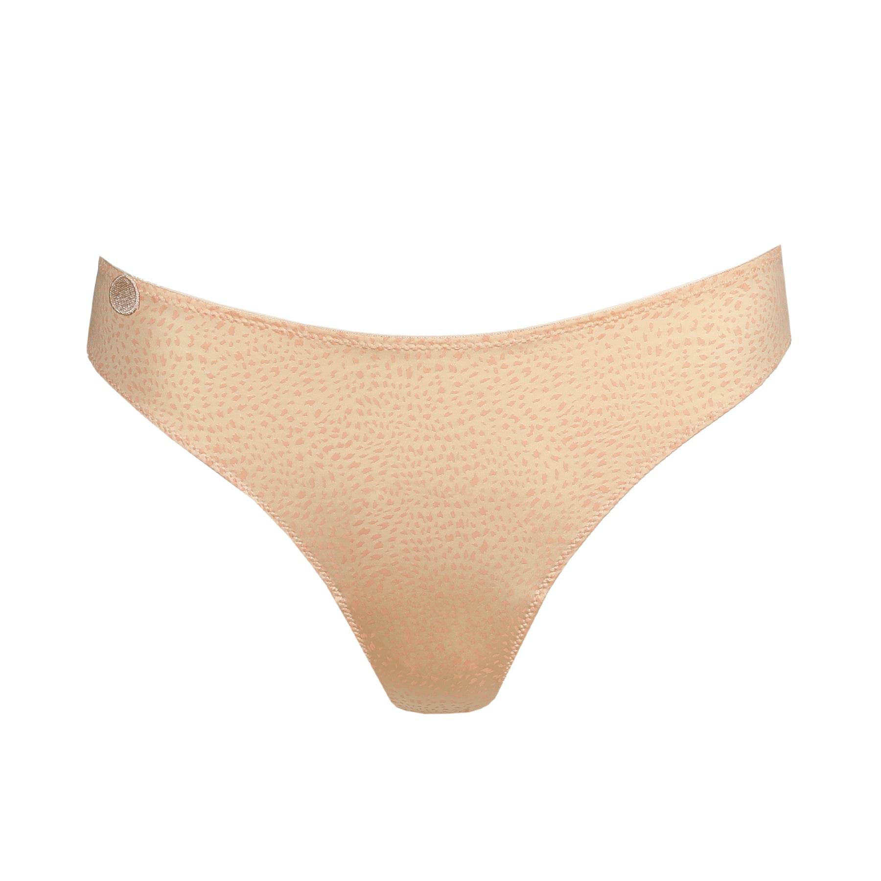 Peach thong underwear with minimal coverage and seamless design on white background
