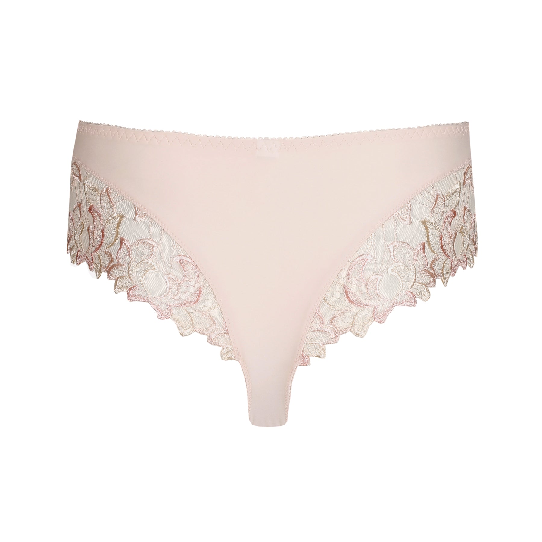 Front view of a nude thong worn by a model, showing the refined stitching and delicate lace accents.