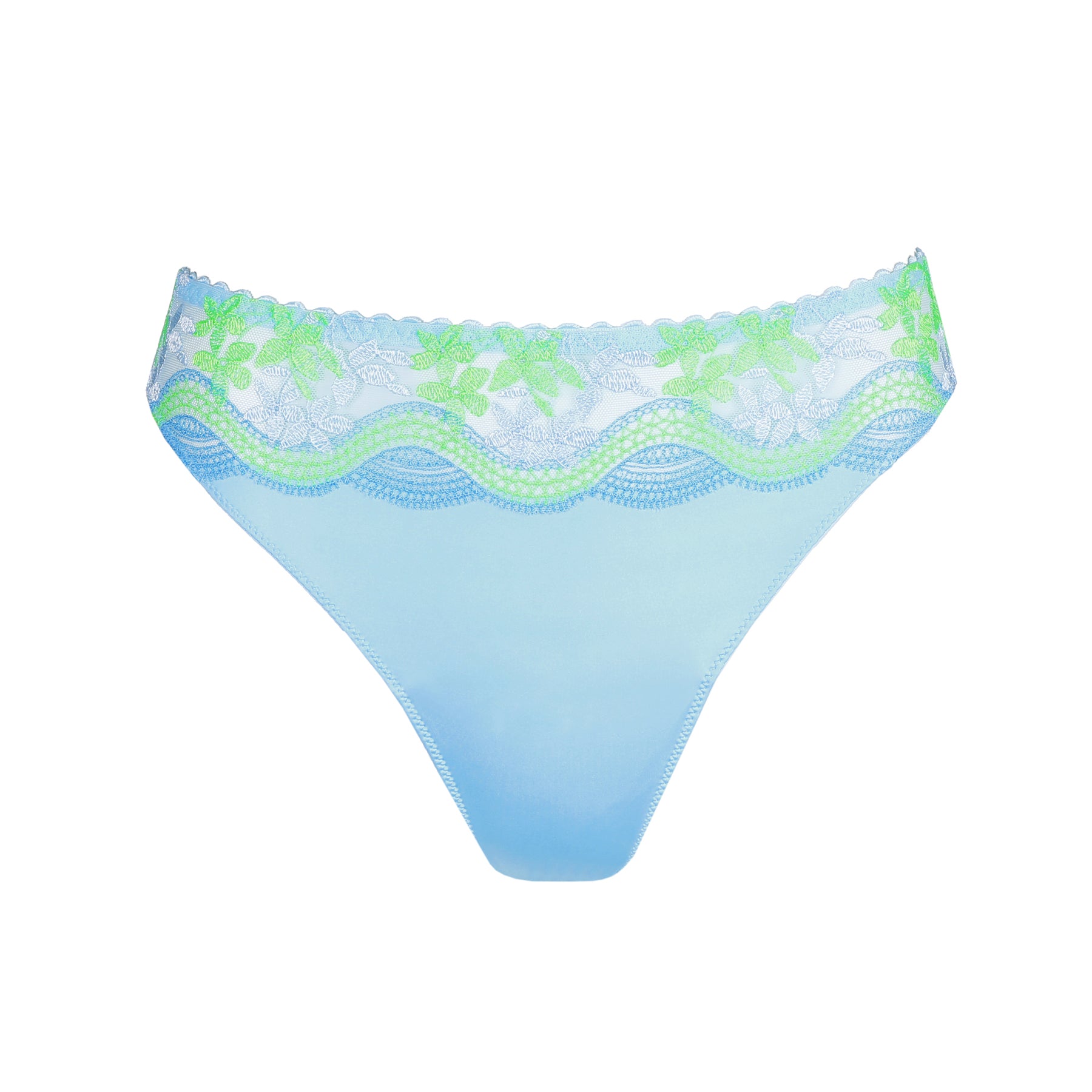 Light blue thong with sheer lace waistband and green floral embroidery, front view on white background