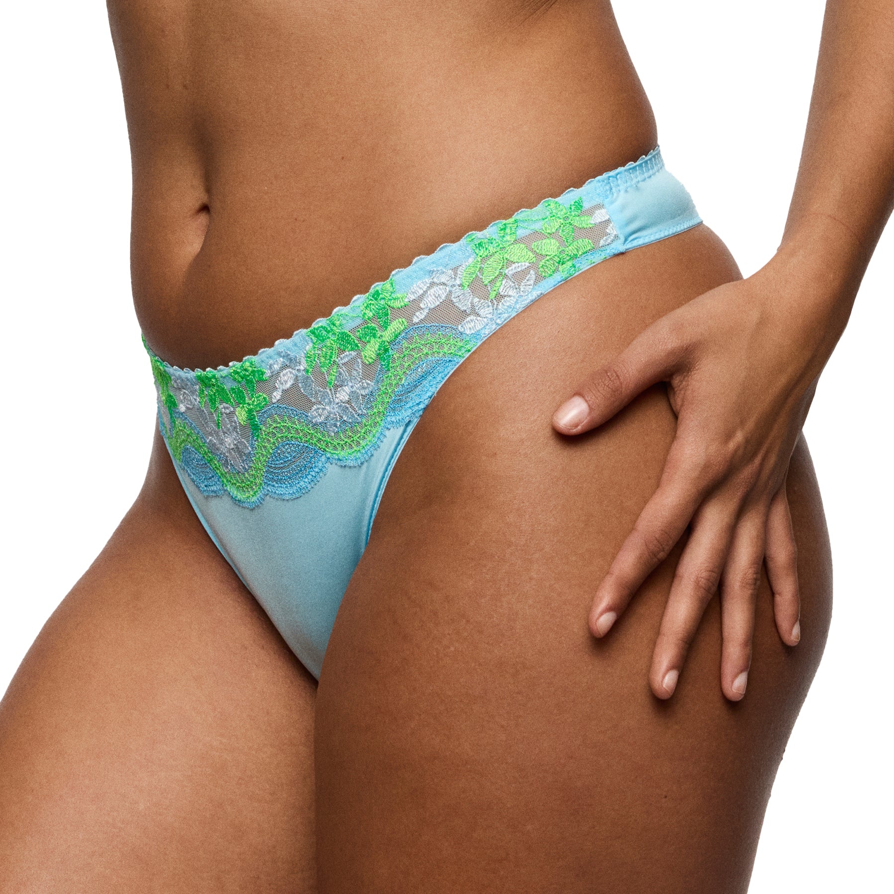 Side view of light blue thong with sheer embroidered lace waistband and smooth back