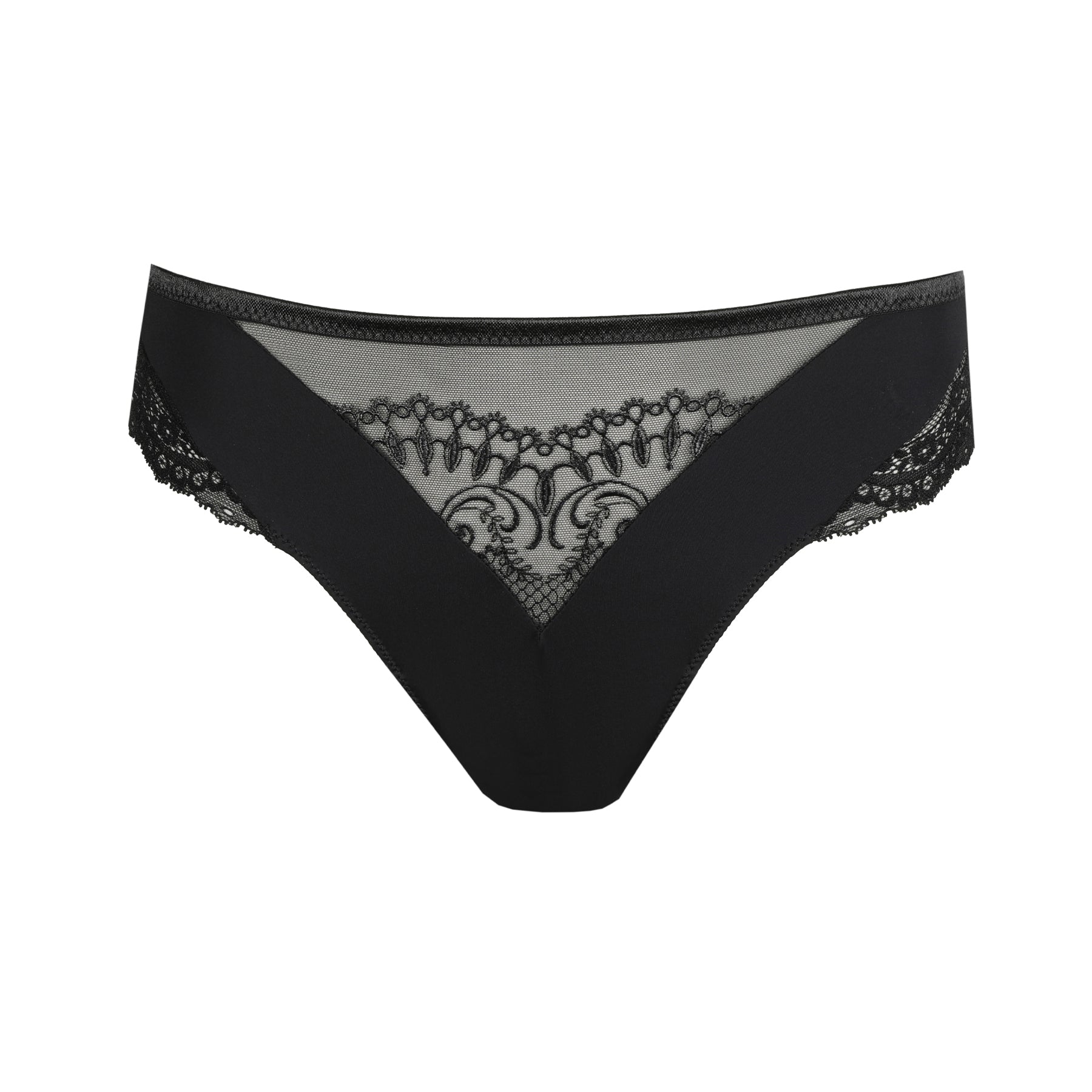 Black lace brief with sheer embroidered front panel, product view.